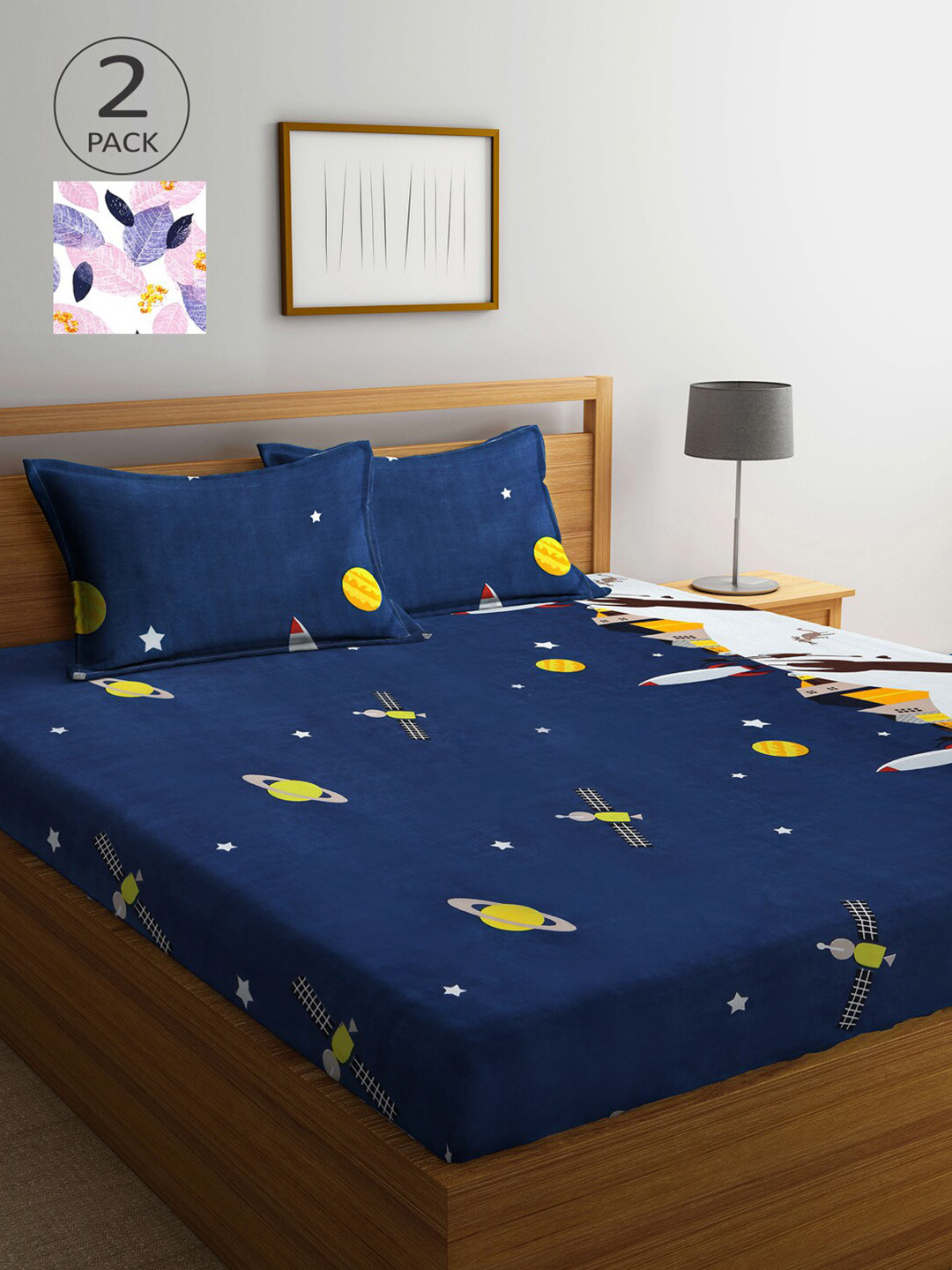 

Arrabi Blue & Pink Graphic 300 TC 2 King Bedsheet with 4 Pillow Covers