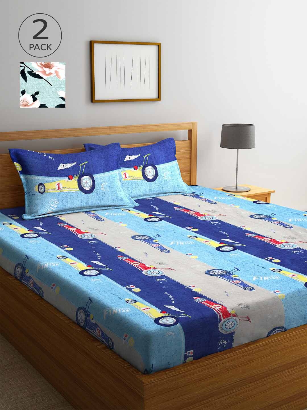 

Arrabi Blue & Sea Green Floral 300 TC 2 King Bedsheets with 4 Pillow Covers