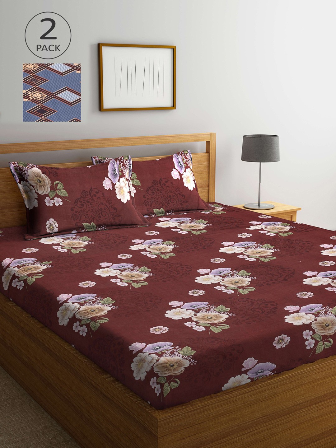 

Arrabi Blue & Maroon Floral 300 TC 2 King Bedsheet with 4 Pillow Covers