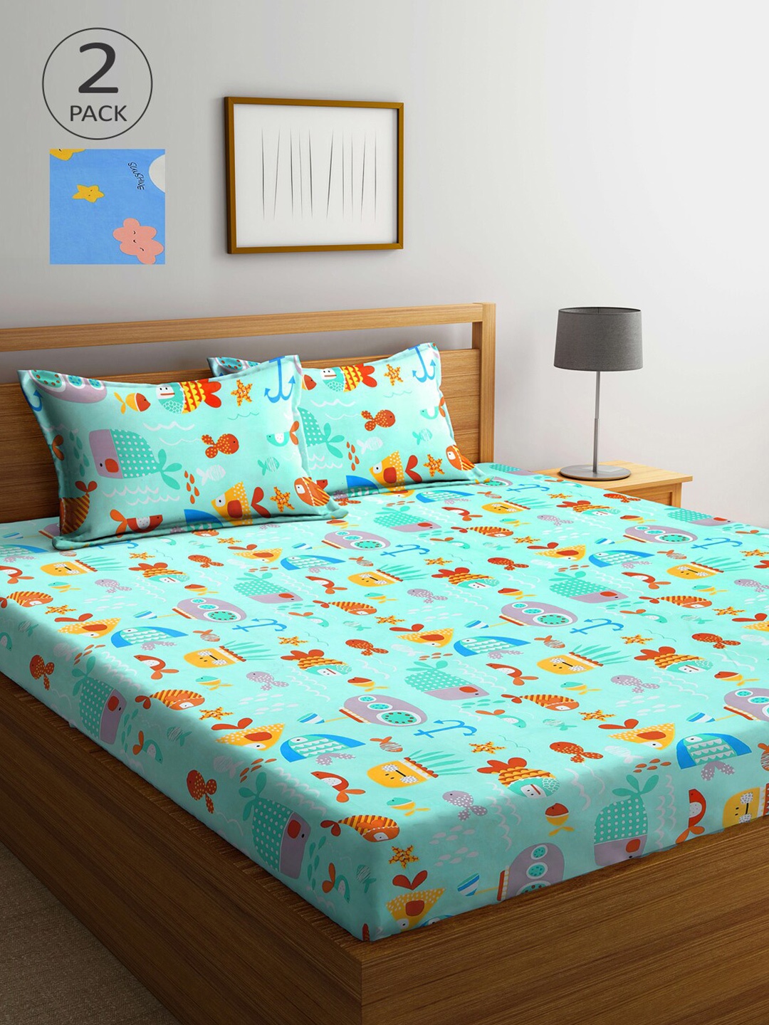 

Arrabi Set of 2 300 TC Multi Printed Cotton Double Bedsheet with Pillow Covers