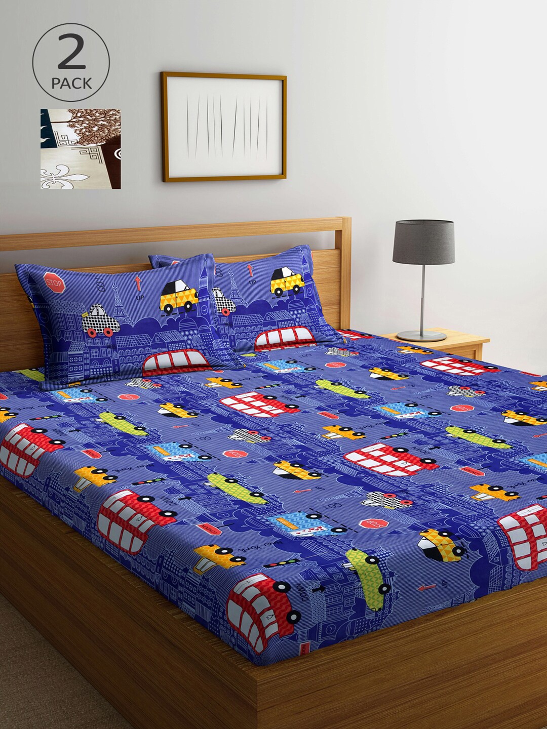 

Arrabi Set Of 2 300TC King Bedsheets with 4 Pillow Covers, Blue