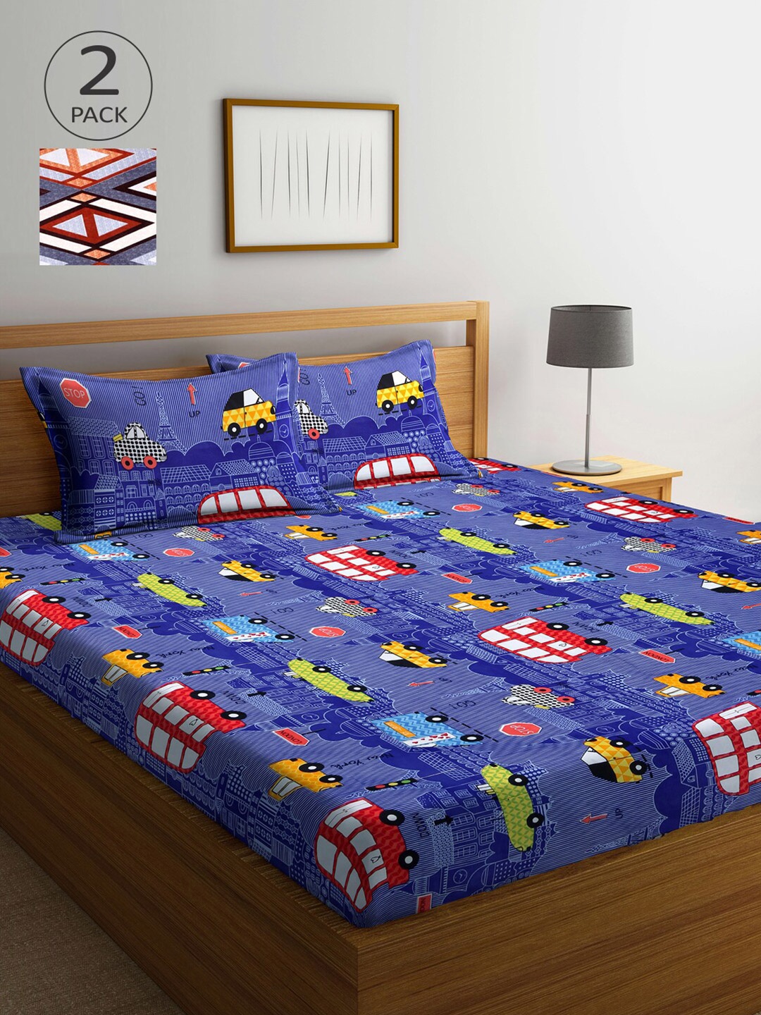 

Arrabi Pack Of 2 Grey & Blue Graphic 300 TC 2 King Bedsheet with 4 Pillow Covers