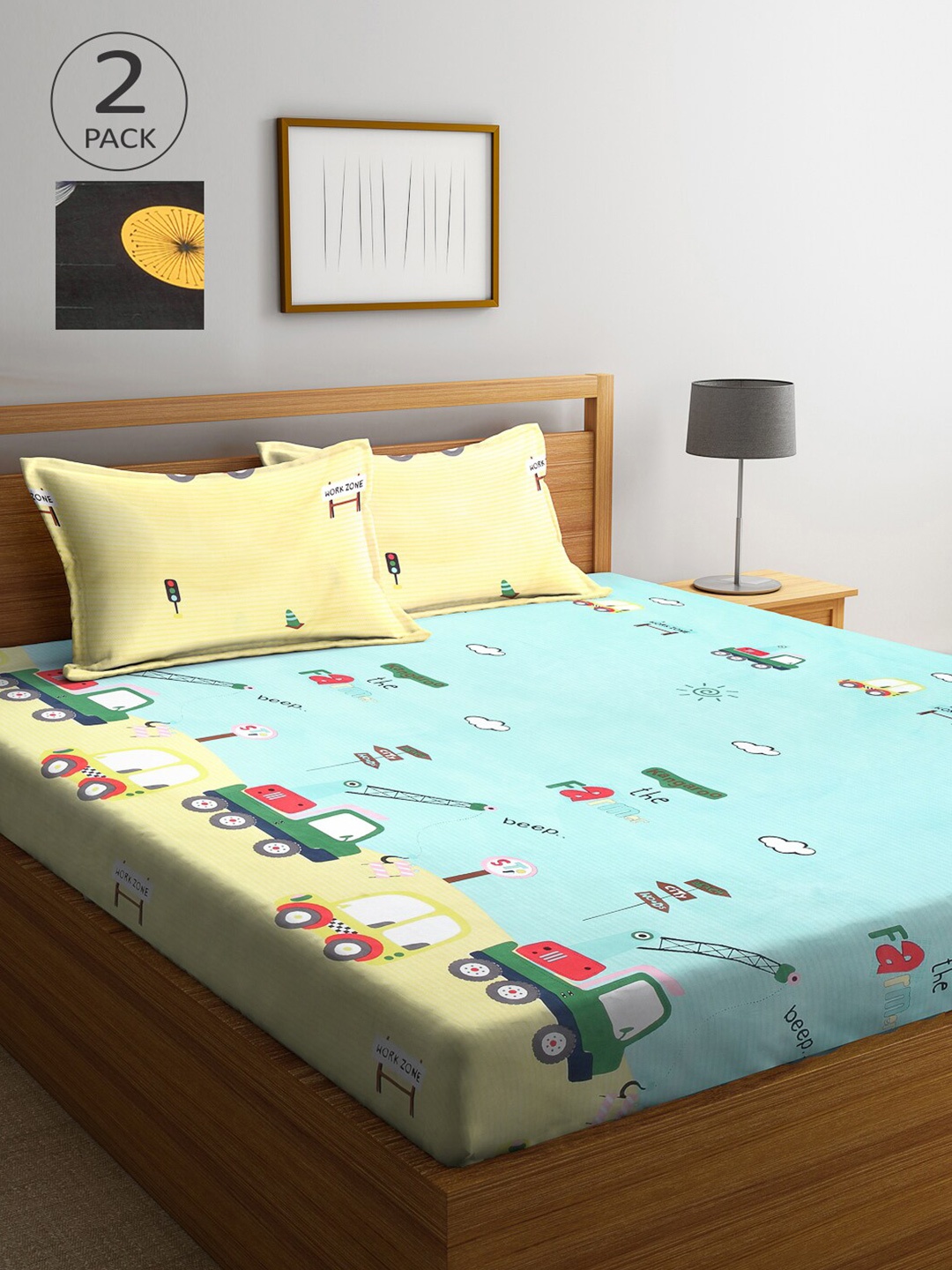 

Arrabi Pack Of 2 Printed 300 TC King 2 Bedsheets with 4 Pillow Covers, Black