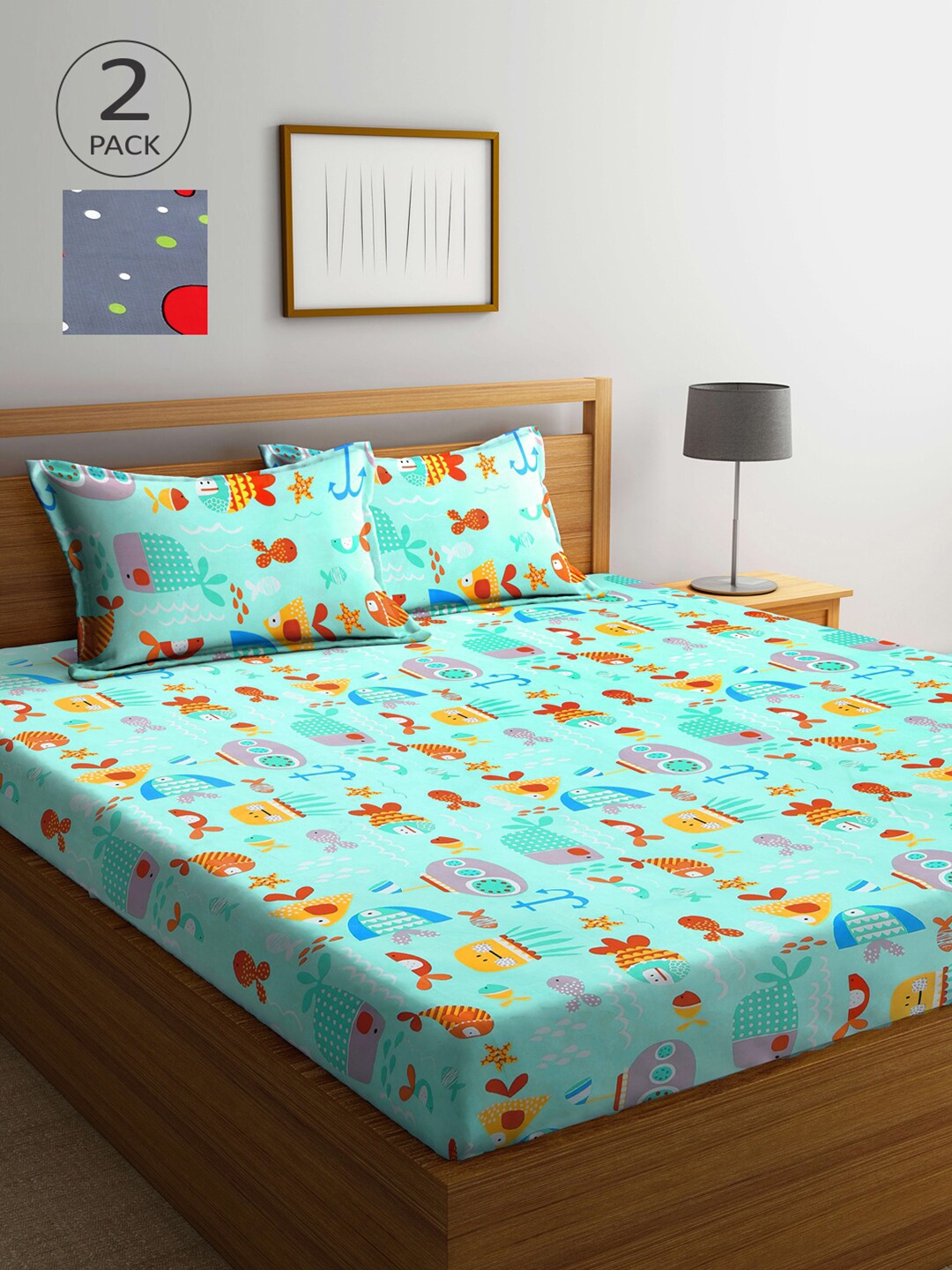 

Arrabi Sea Green & Grey Cartoon Characters 300 TC 2 King Bedsheet with 4 Pillow Covers