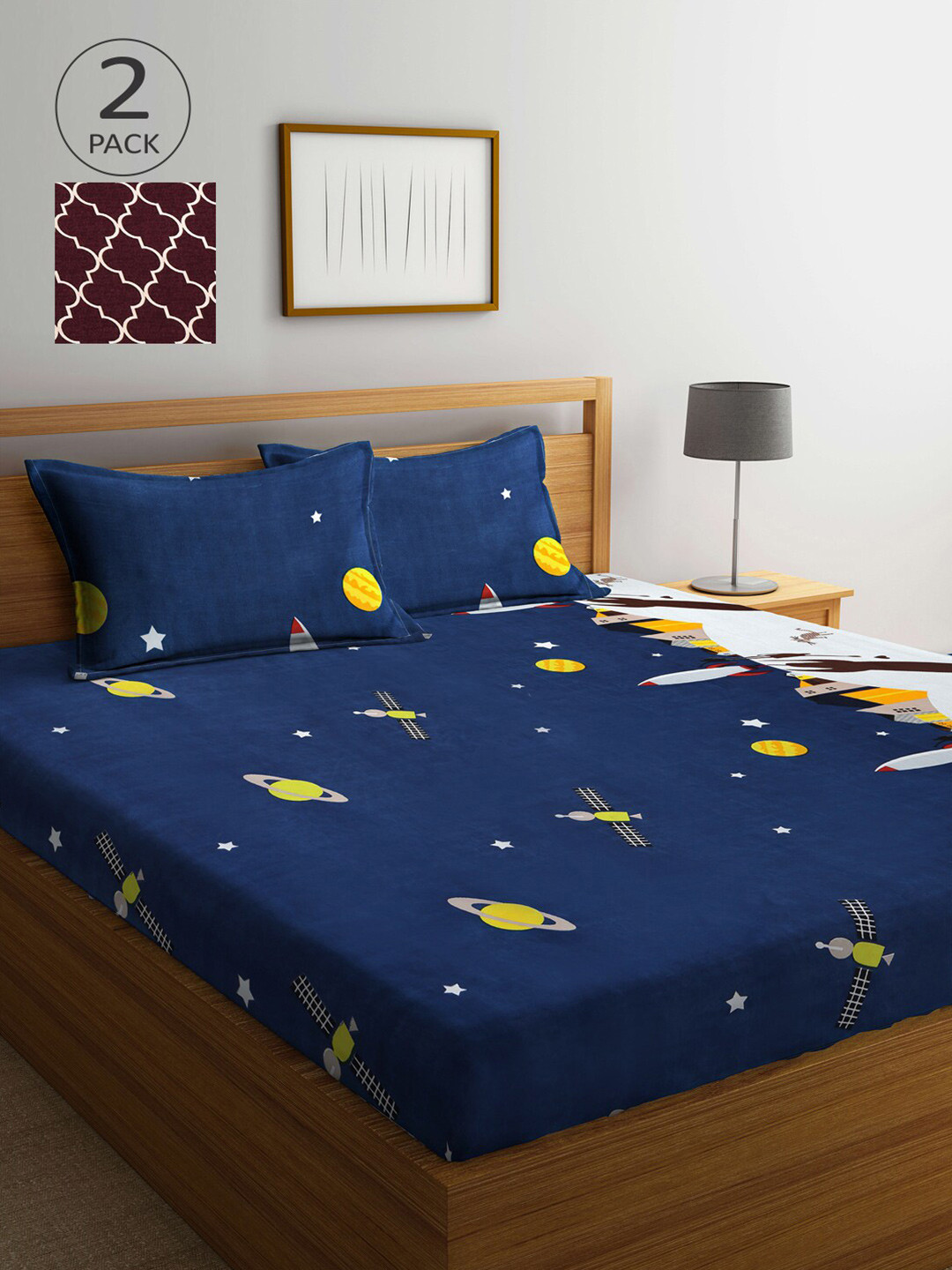 

Arrabi Set Of 2 300TC King Bedsheets with 4 Pillow Covers, Blue
