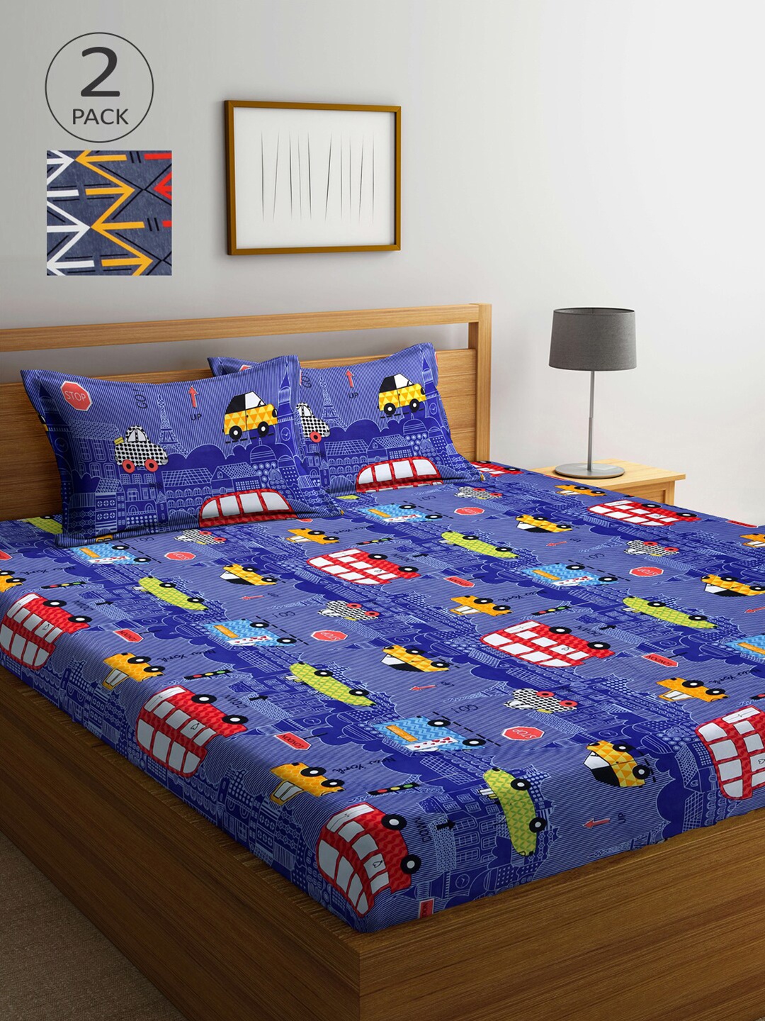 

Arrabi Pack Of 2 Blue & Grey Graphic 300 TC 2 King Bedsheet with 4 Pillow Covers