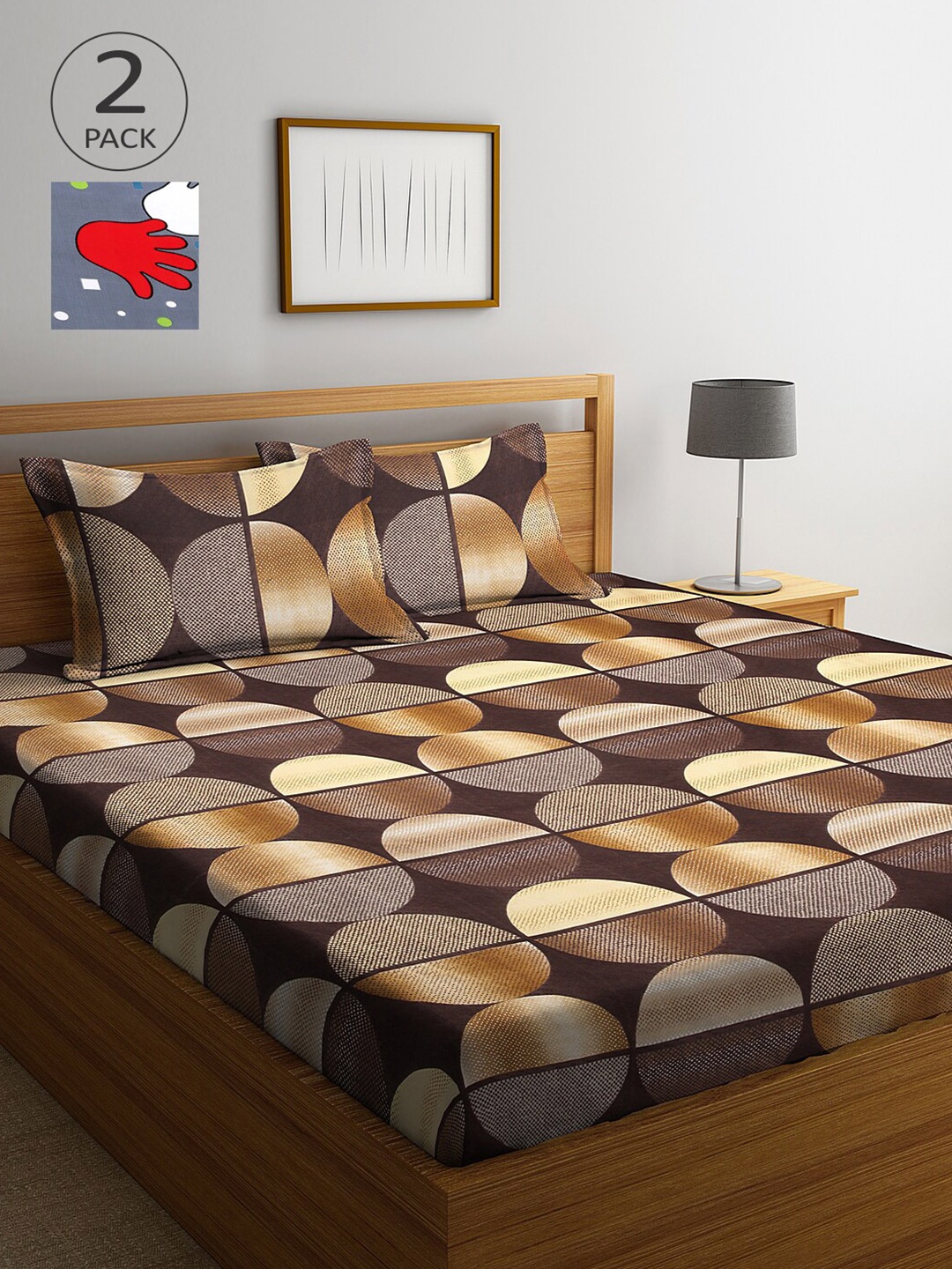 

Arrabi Pack Of 2 Brown & Grey Geometric 300 TC 2 King Bedsheet with 4 Pillow Covers