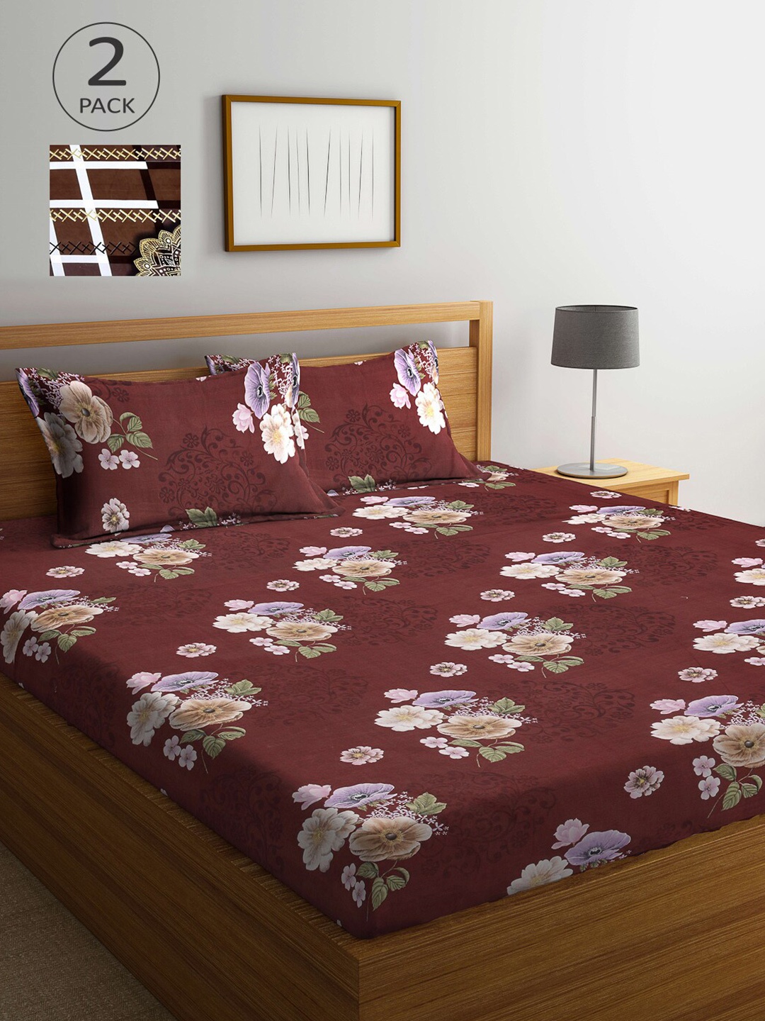 

Arrabi Maroon & Brown Floral 300 TC 2 King Bedsheet with 4 Pillow Covers