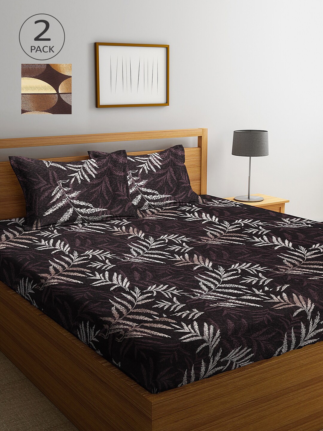 

Arrabi Set Of 2 Brown & Grey Floral 300 TC King Bedsheet With 4 Pillow Covers