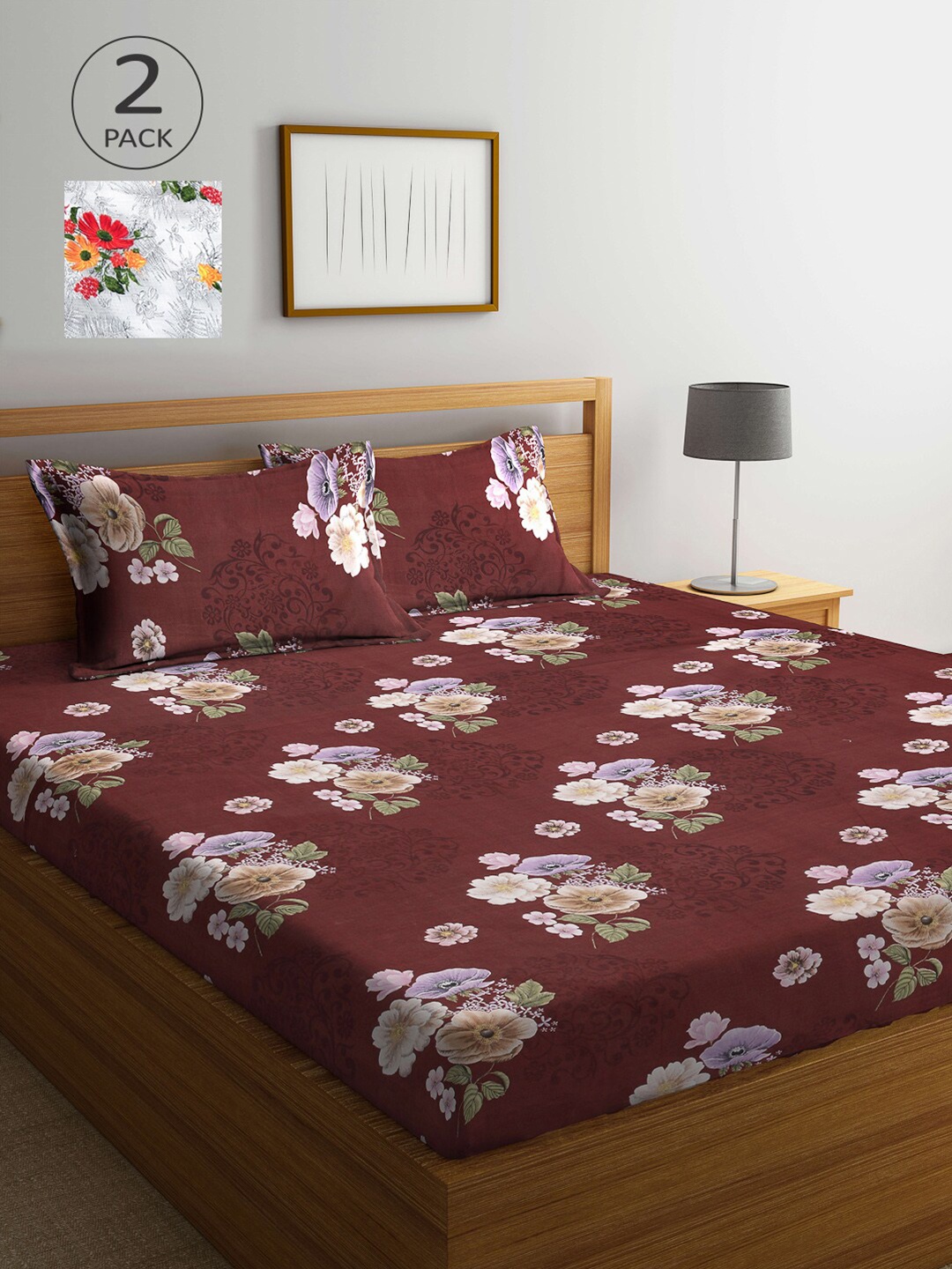 

Arrabi Set of 2 300 TC Multi Floral Printed Cotton Double Bedsheet with Pillow Covers