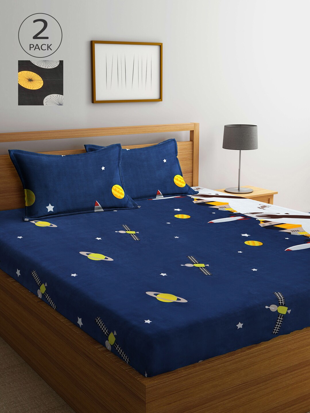 

Arrabi Blue & Black Graphic 300 TC 2 King Bedsheet with 4 Pillow Covers