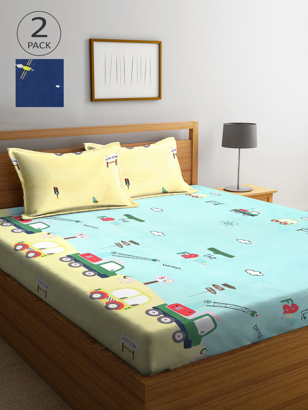 

Arrabi Pack of 2 Printed 300 TC King Bedsheet with 4 Pillow Covers, Blue