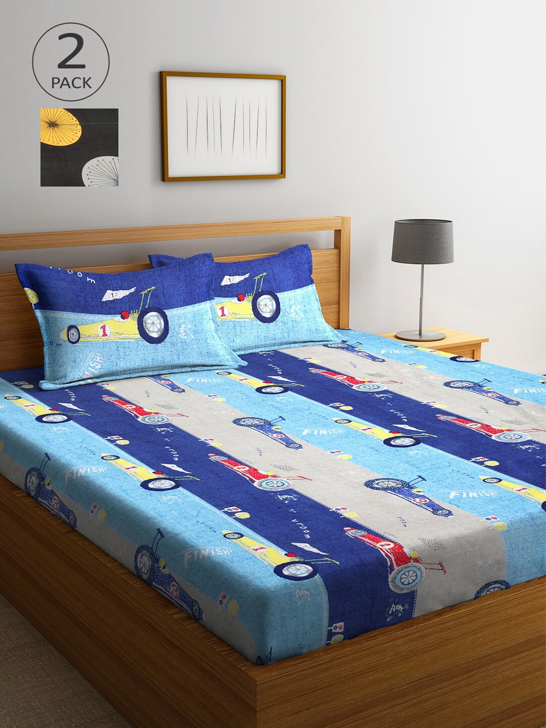 

Arrabi Pack Of 2 Black & Blue Graphic 300 TC 2 King Bedsheet with 4 Pillow Covers
