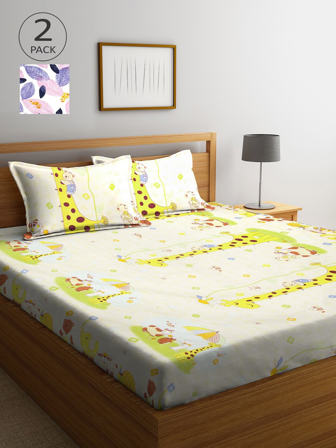 

Arrabi Set Of 2 Yellow & White Cartoon Characters 300 TC King Bedsheet with 4 Pillow Cover