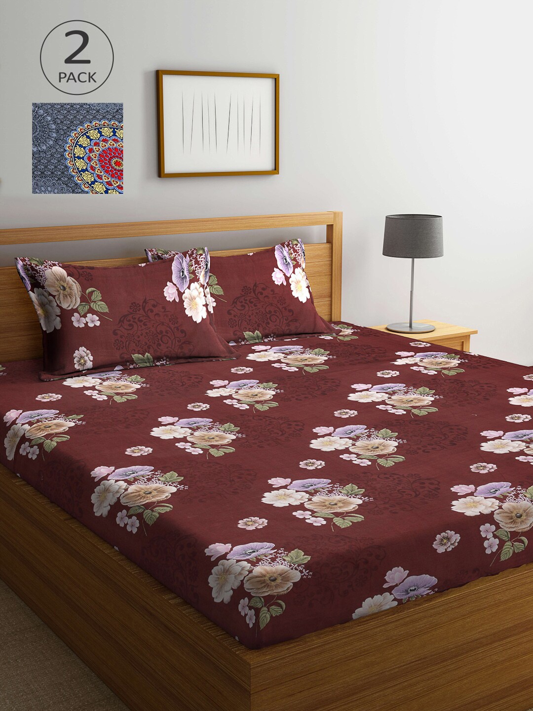 

Arrabi Maroon & Blue Printed 300 TC 2 King Bedsheet with 4 Pillow Covers