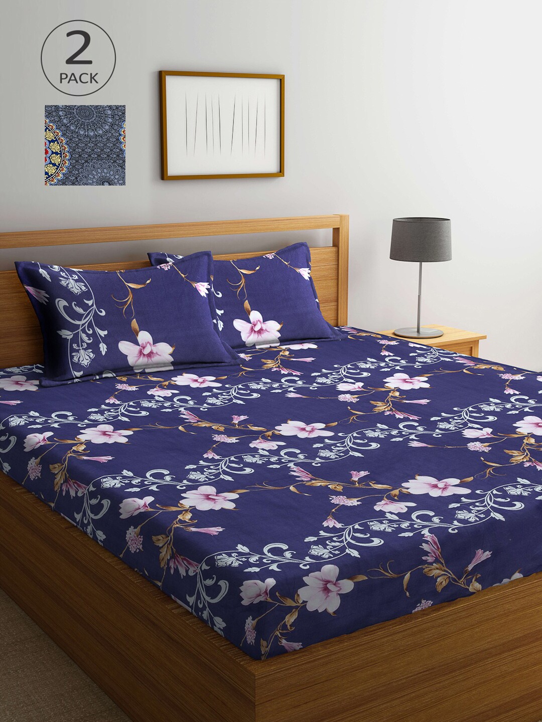 

Arrabi Multicoloured Printed 300 TC Pack Of 2 King Bedsheet With Pillow Cover Set, Multi