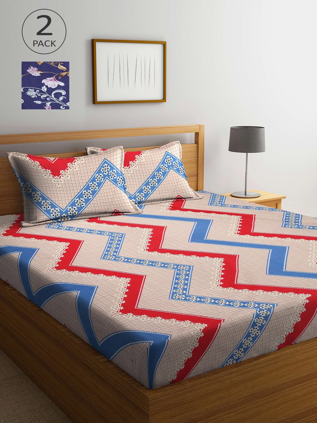 

Arrabi Multicoloured Printed 300 TC 2 King Bedsheet with 4 Pillow Covers, Multi