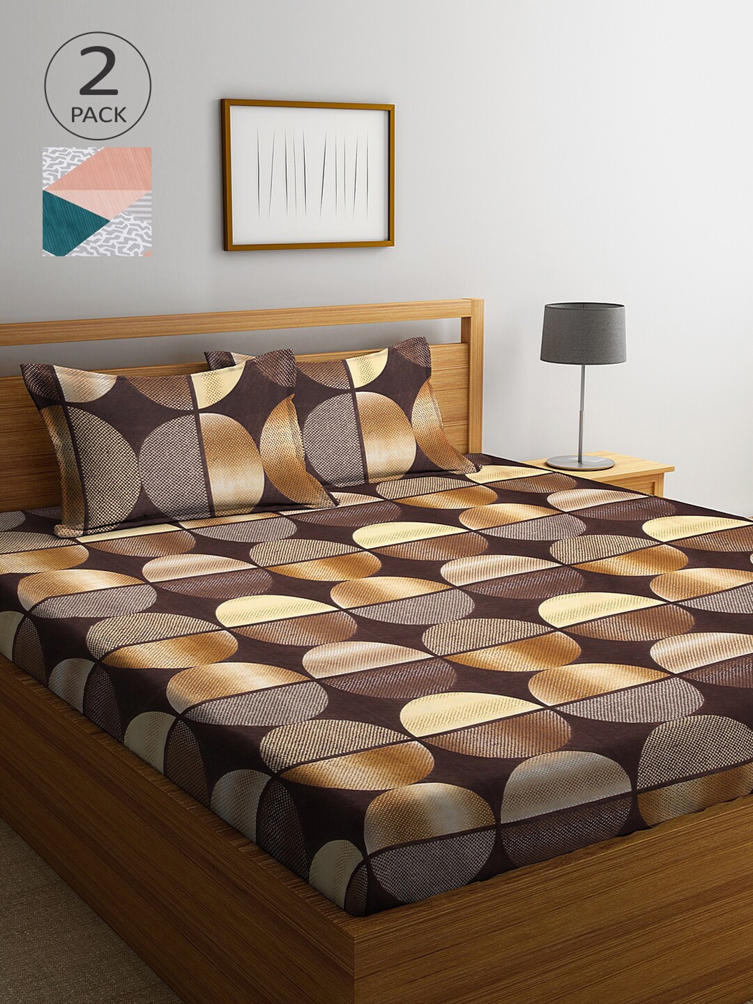 

Arrabi Set Of 2 Brown & Blue Geometric 300 TC King Bedsheet With 4 Pillow Covers