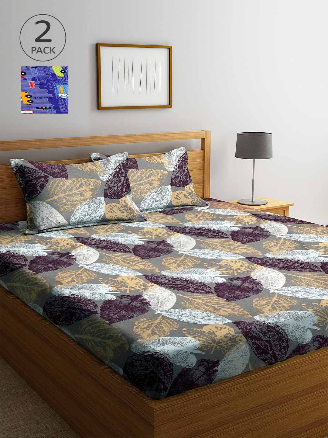 

Arrabi Blue & Grey Floral 300 TC 2 King Bedsheet with 4 Pillow Covers