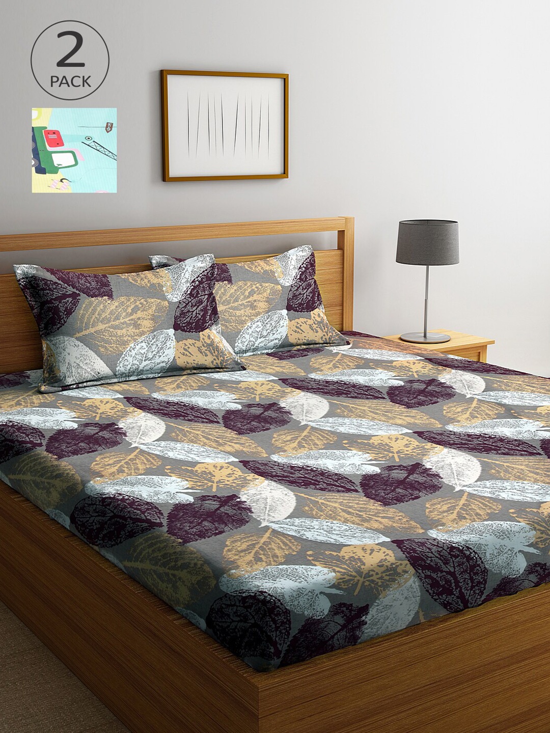 

Arrabi Pack Of 2 Green & Grey Floral 300 TC 2 King Bedsheet with 4 Pillow Covers
