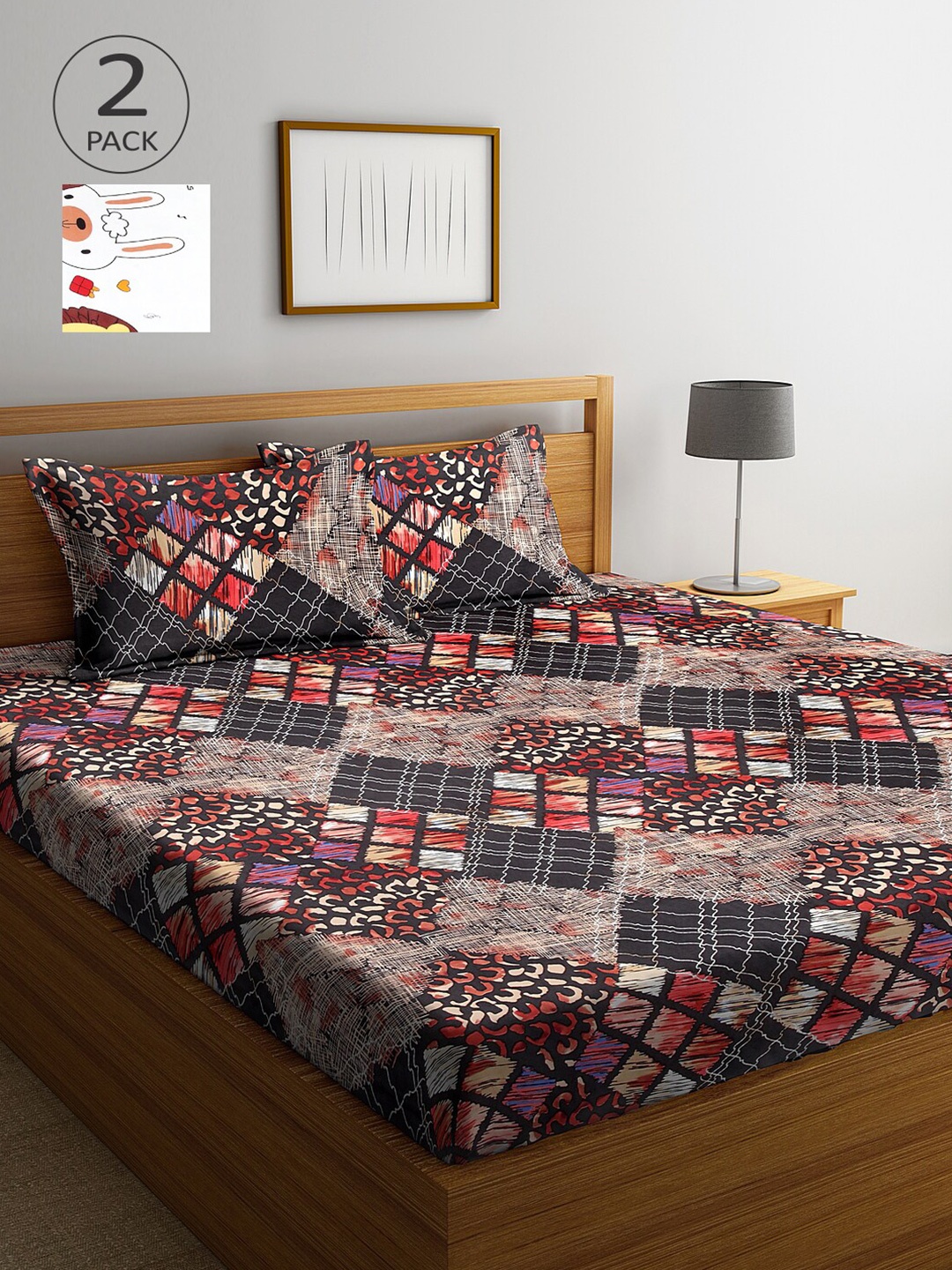 

Arrabi Set Of 2 Blue & Off White Abstract 300 TC King Bedsheet With 4 Pillow Covers