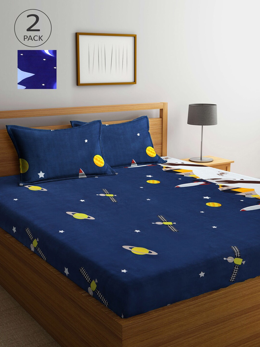 

Arrabi Pack of 2 Printed 300 TC 2 King Bedsheet with 4 Pillow Covers, Blue