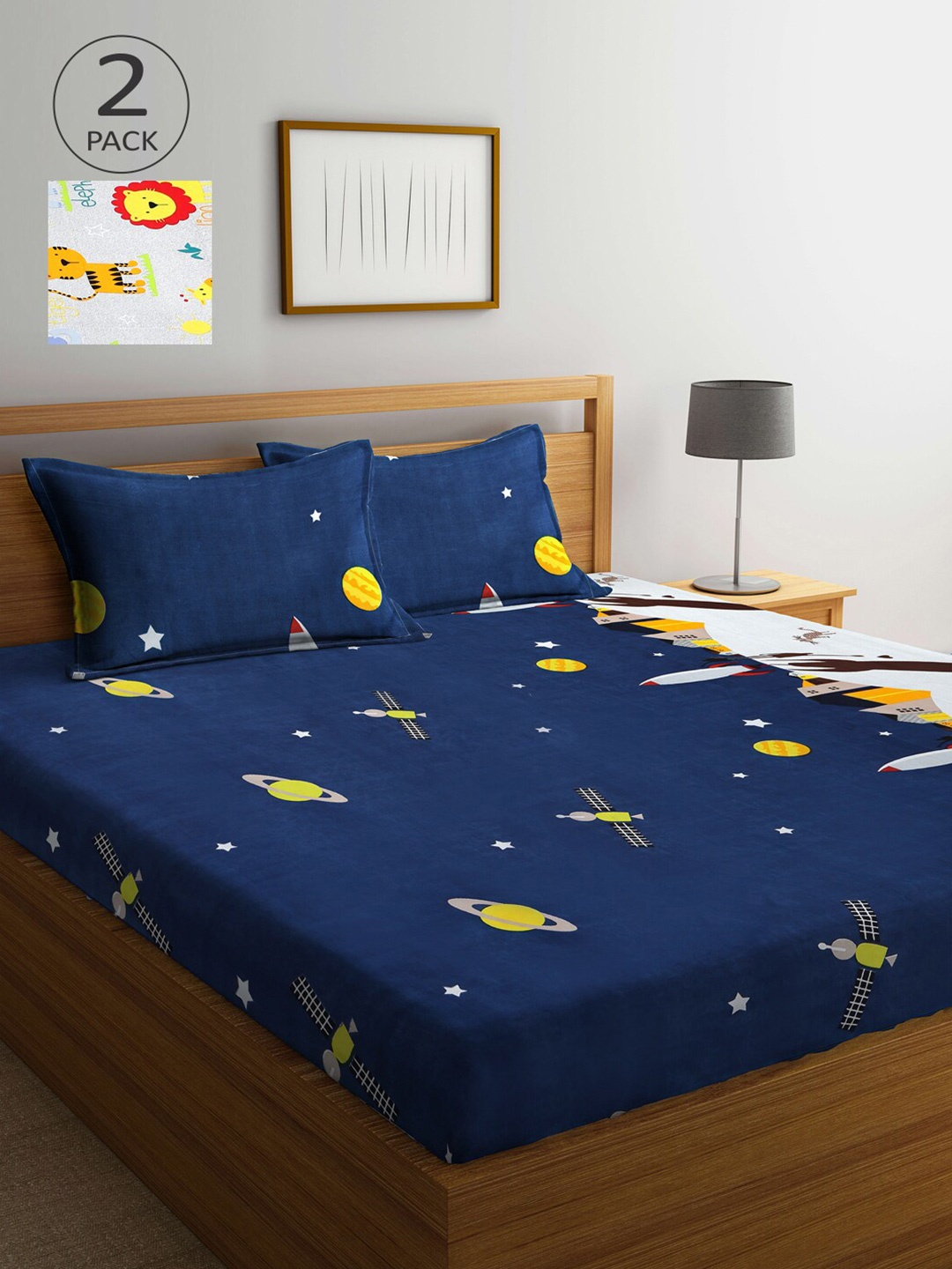 

Arrabi Blue & Yellow Graphic 300 TC 2 King Bedsheet with 4 Pillow Covers