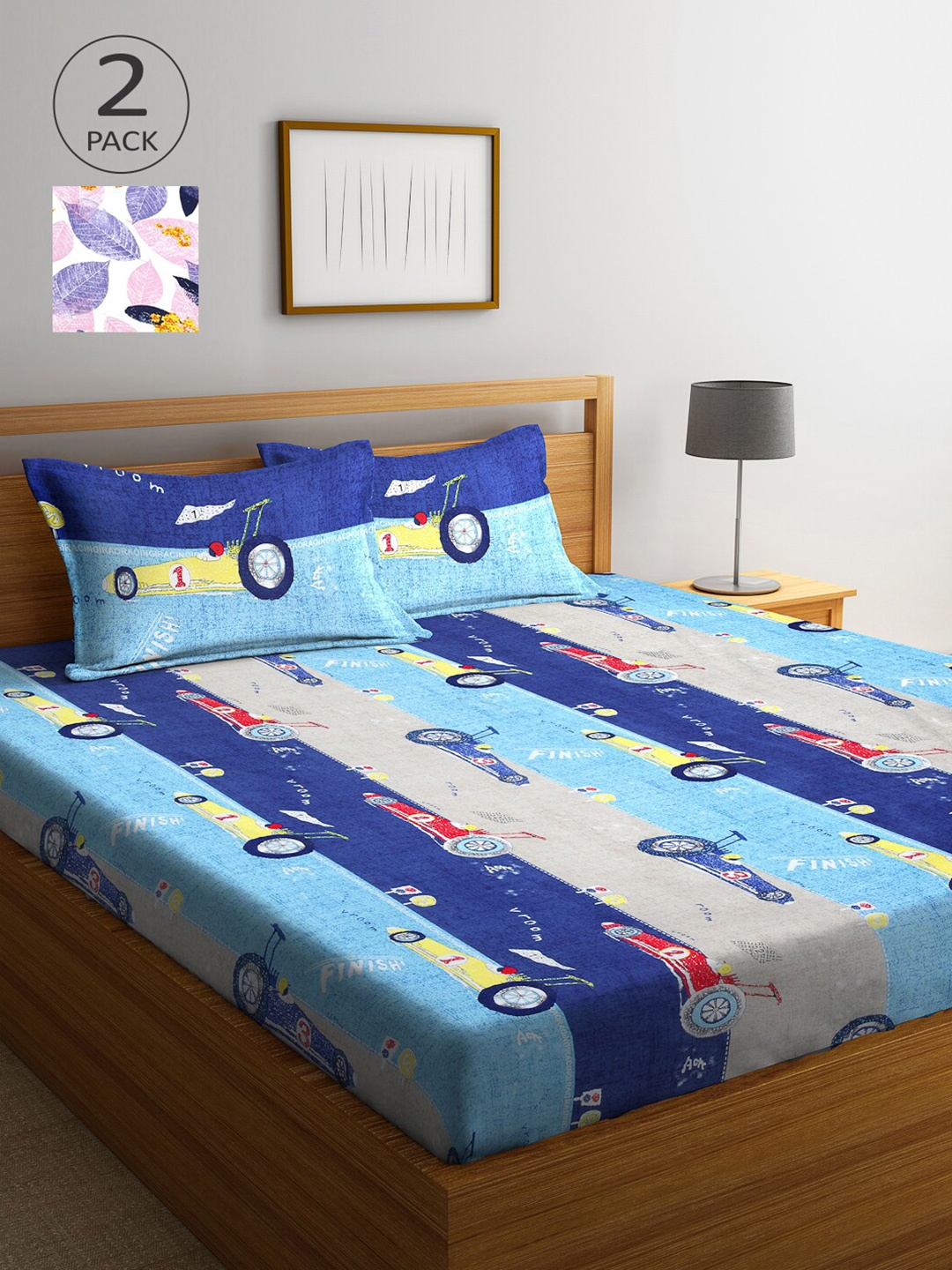 

Arrabi Multicoloured & Blue Printed 300 TC 2 King Bedsheet with 4 Pillow Covers, Multi