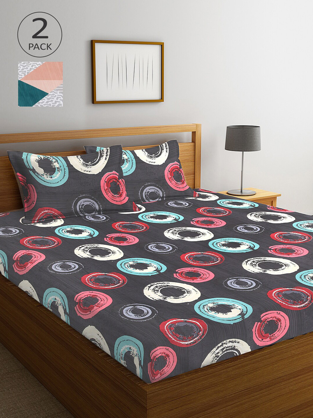 

Arrabi Grey & Red Geometric 300 TC 2 King Bedsheets with 4 Pillow Covers