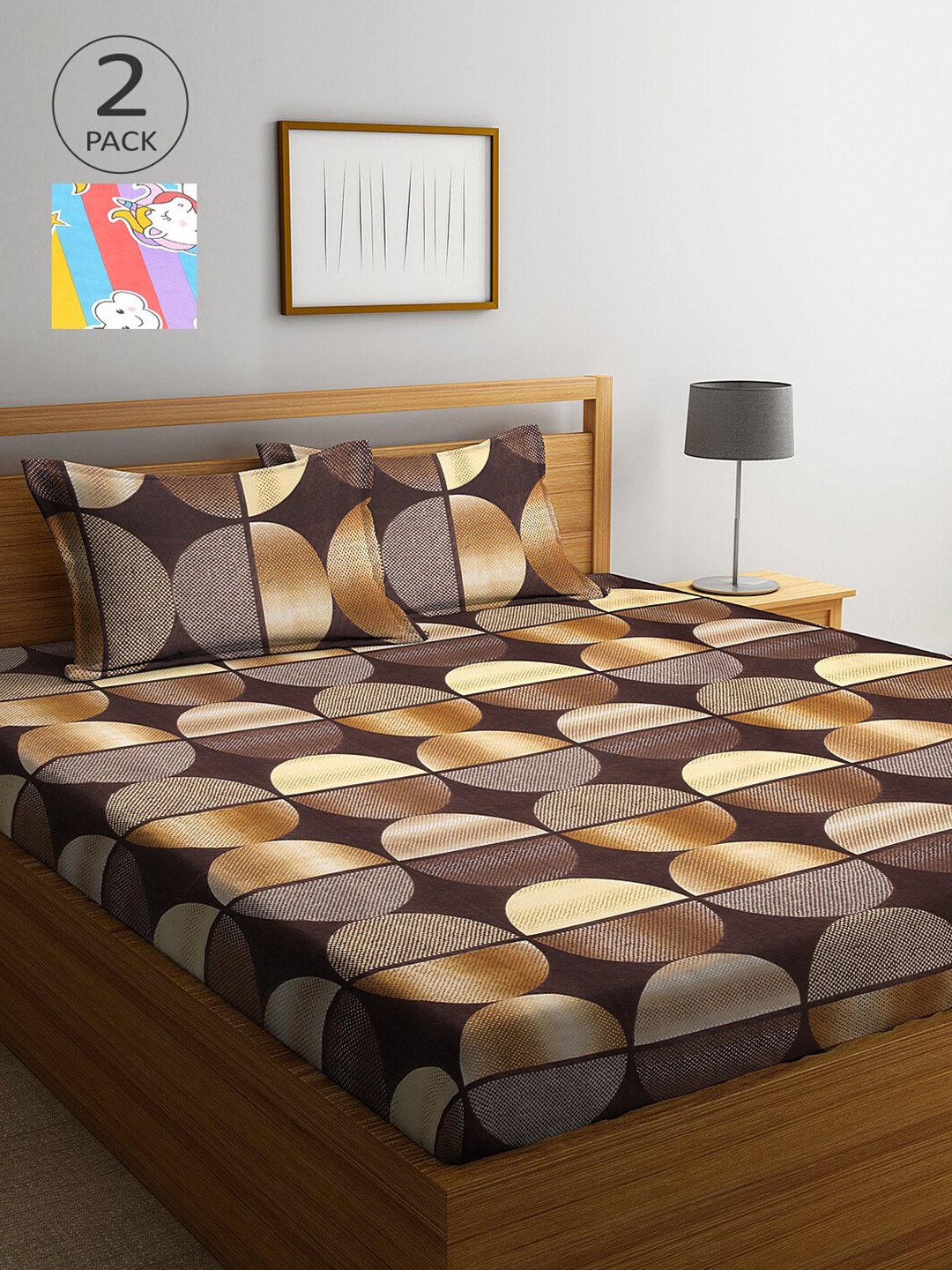 

Arrabi Pack Of 2 Brown & Blue Geometric 300 TC 2 King Bedsheet with 4 Pillow Covers