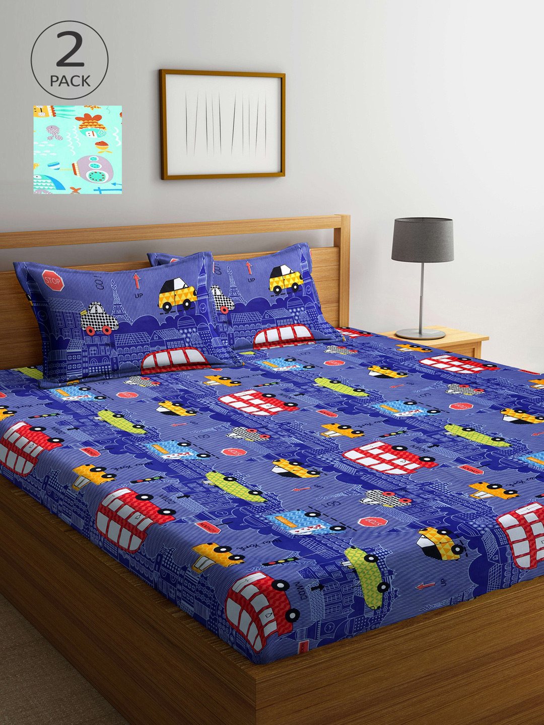 

Arrabi Pack Of 2 Green & Blue Graphic 300 TC 2 King Bedsheet with 4 Pillow Covers