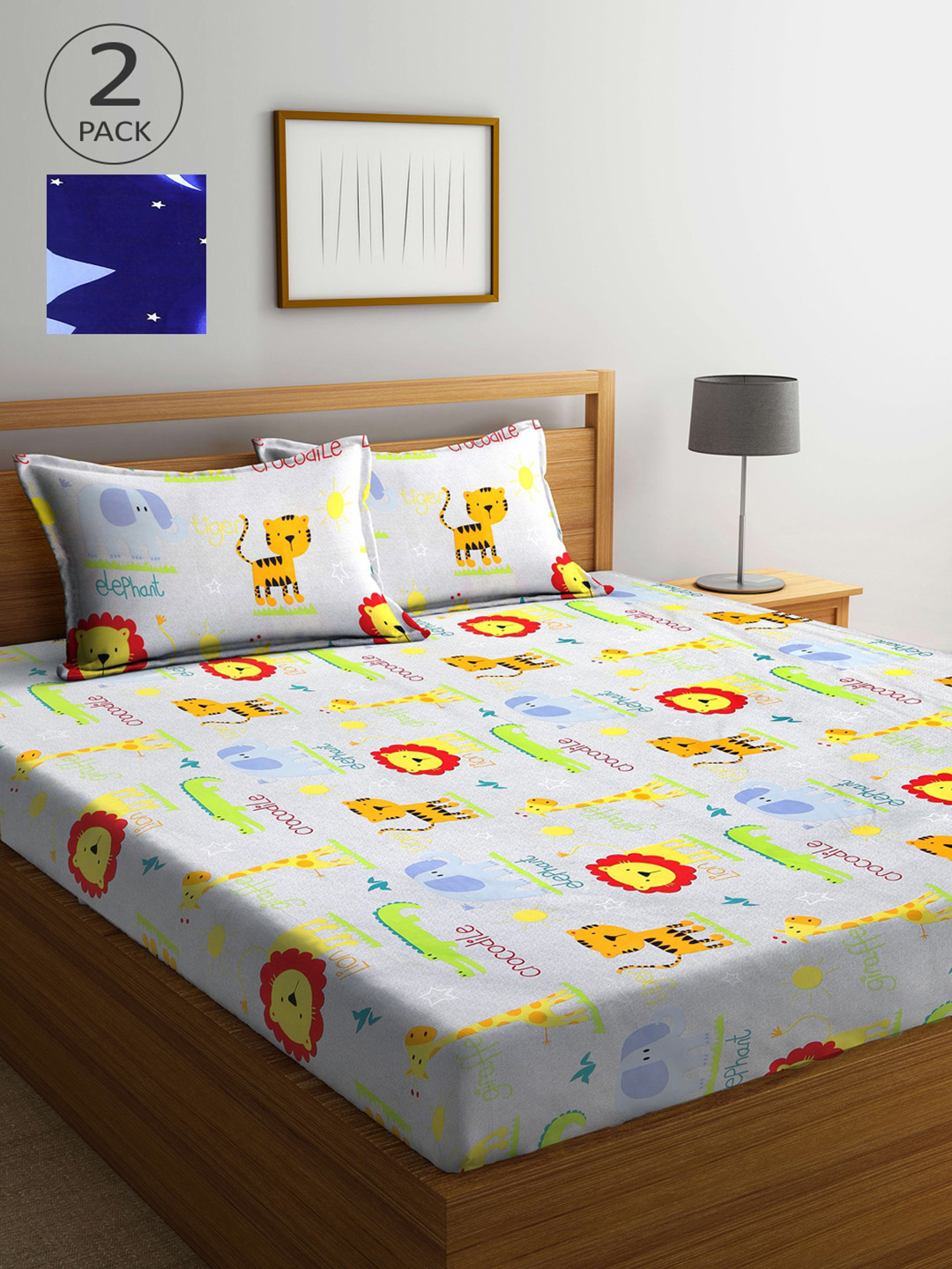 

Arrabi Off White & Blue Graphic 300 TC 2 King Bedsheet with 4 Pillow Covers