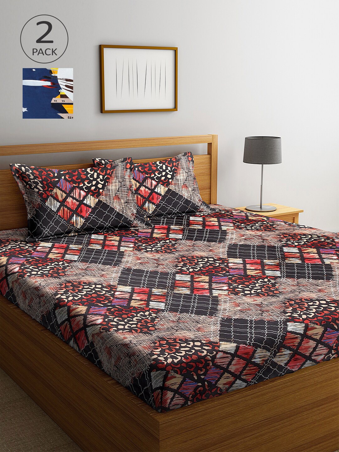 

Arrabi Set of 2 Printed 300 TC 2 King Bedsheet with 4 Pillow Covers, Multi