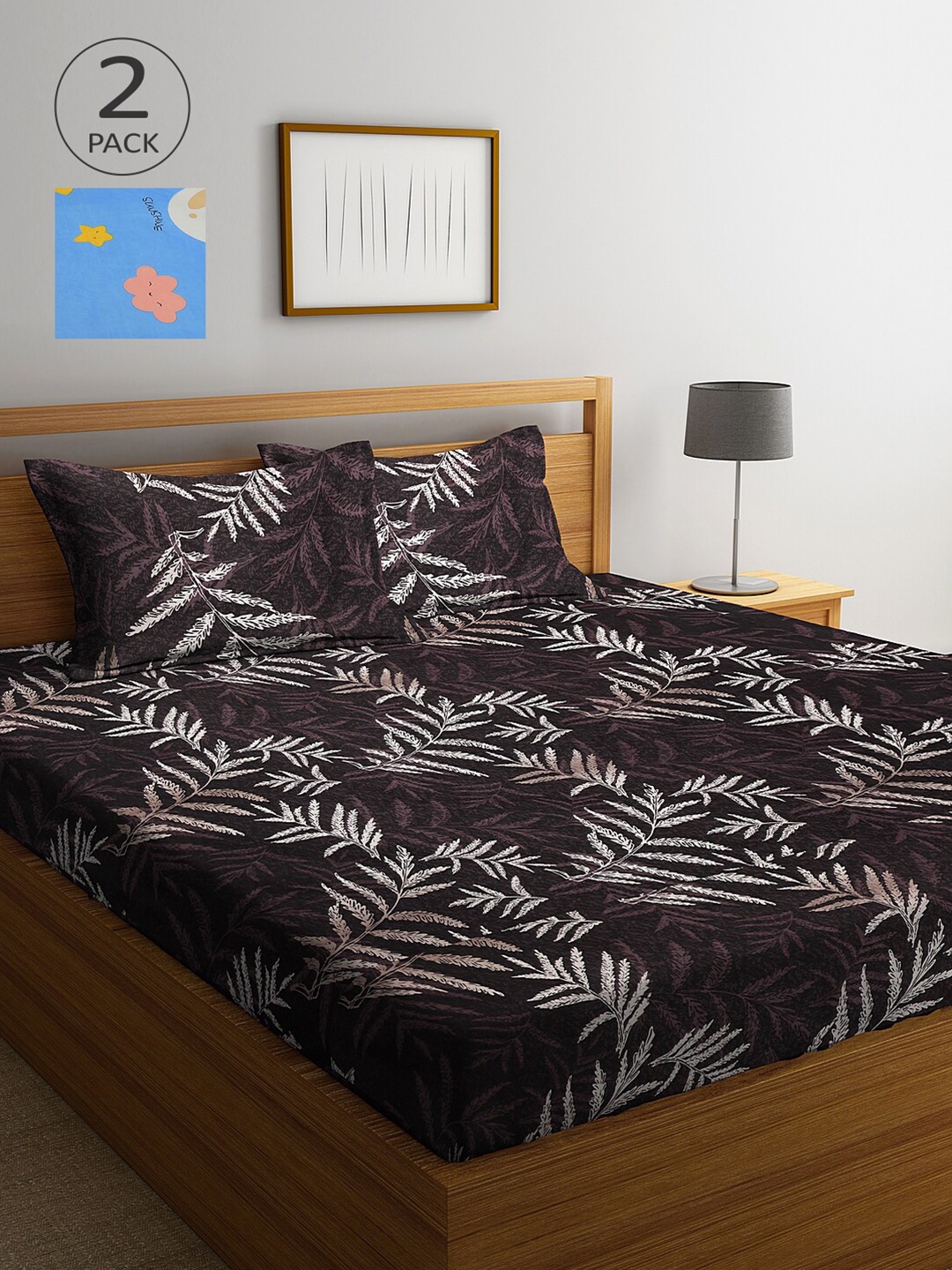 

Arrabi Brown & Blue Floral 300 TC 2 King Bedsheet with 4 Pillow Covers