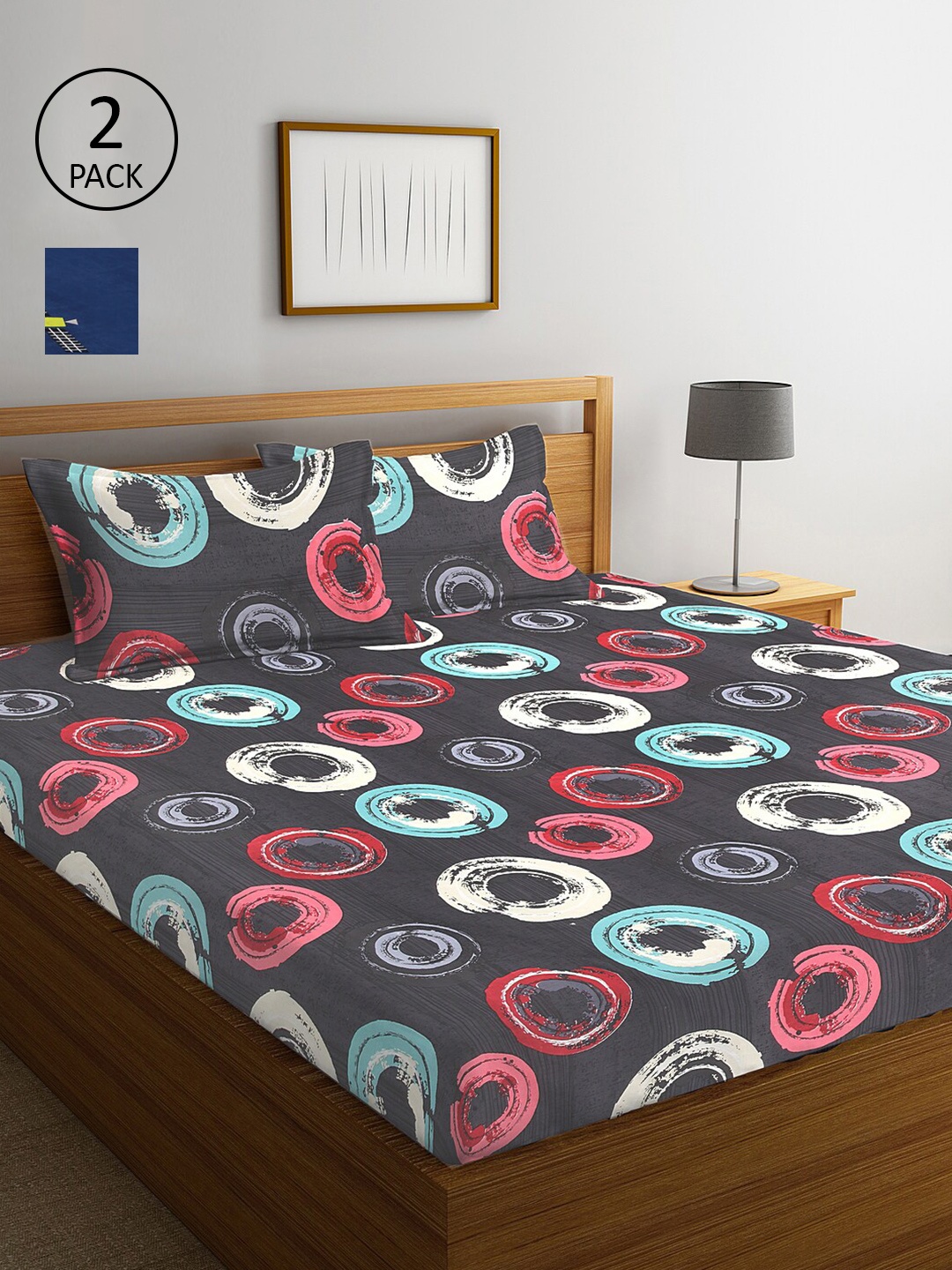 

Arrabi Grey & Blue Printed 300 TC 2 King Bedsheet with 4 Pillow Covers