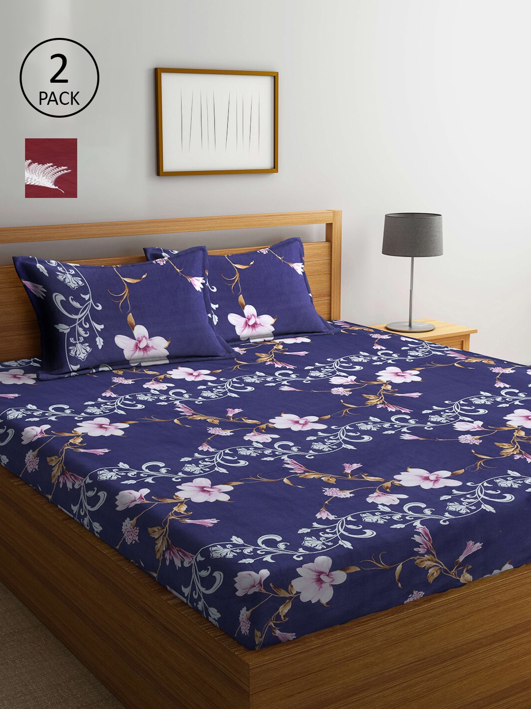 

Arrabi Maroon & Blue Floral 300 TC 2 King Bedsheet with 4 Pillow Covers