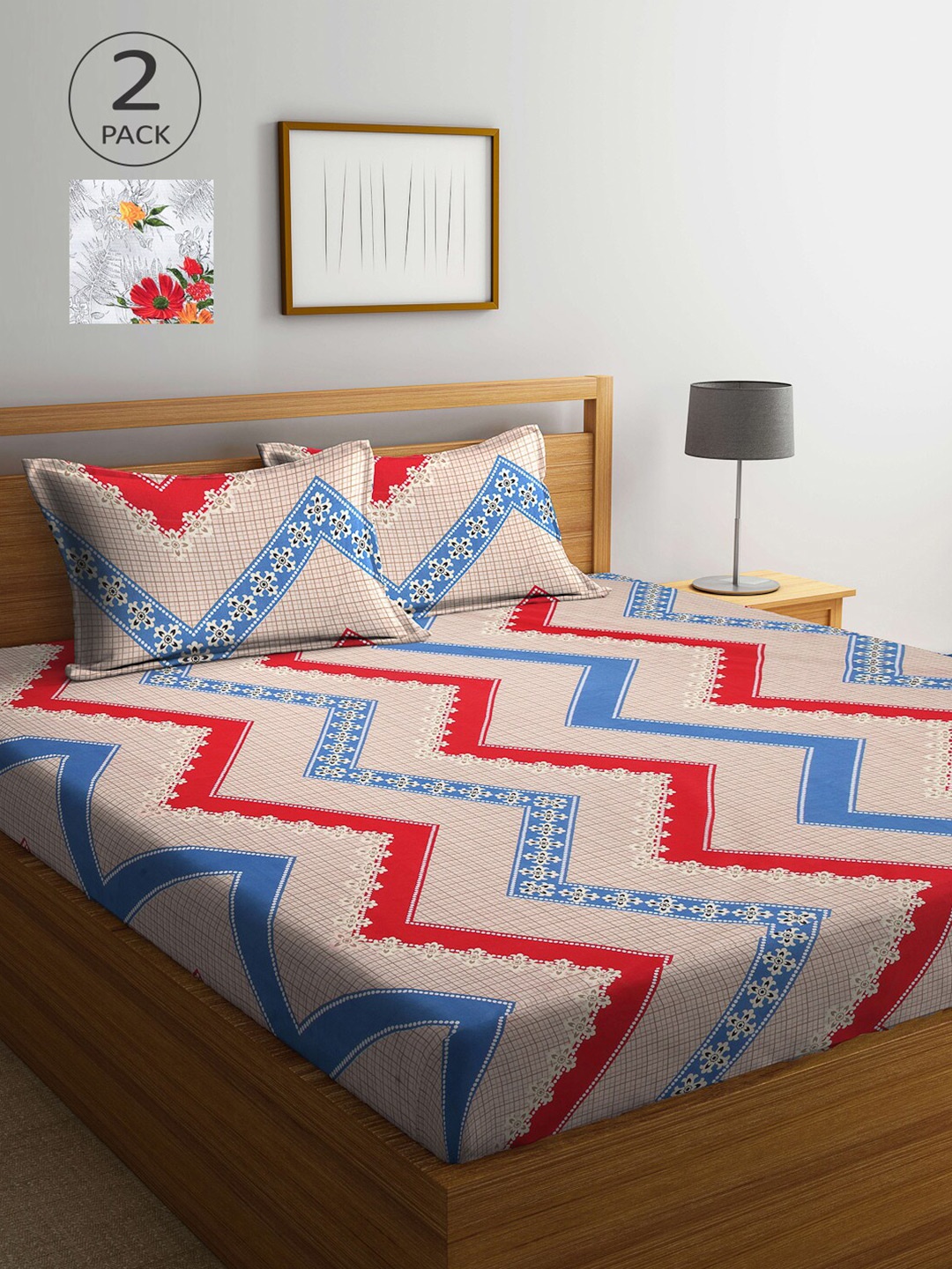 

Arrabi White & Multicoloured Printed 300 TC Pack Of 2 King Bedsheet With Pillow Covers Set