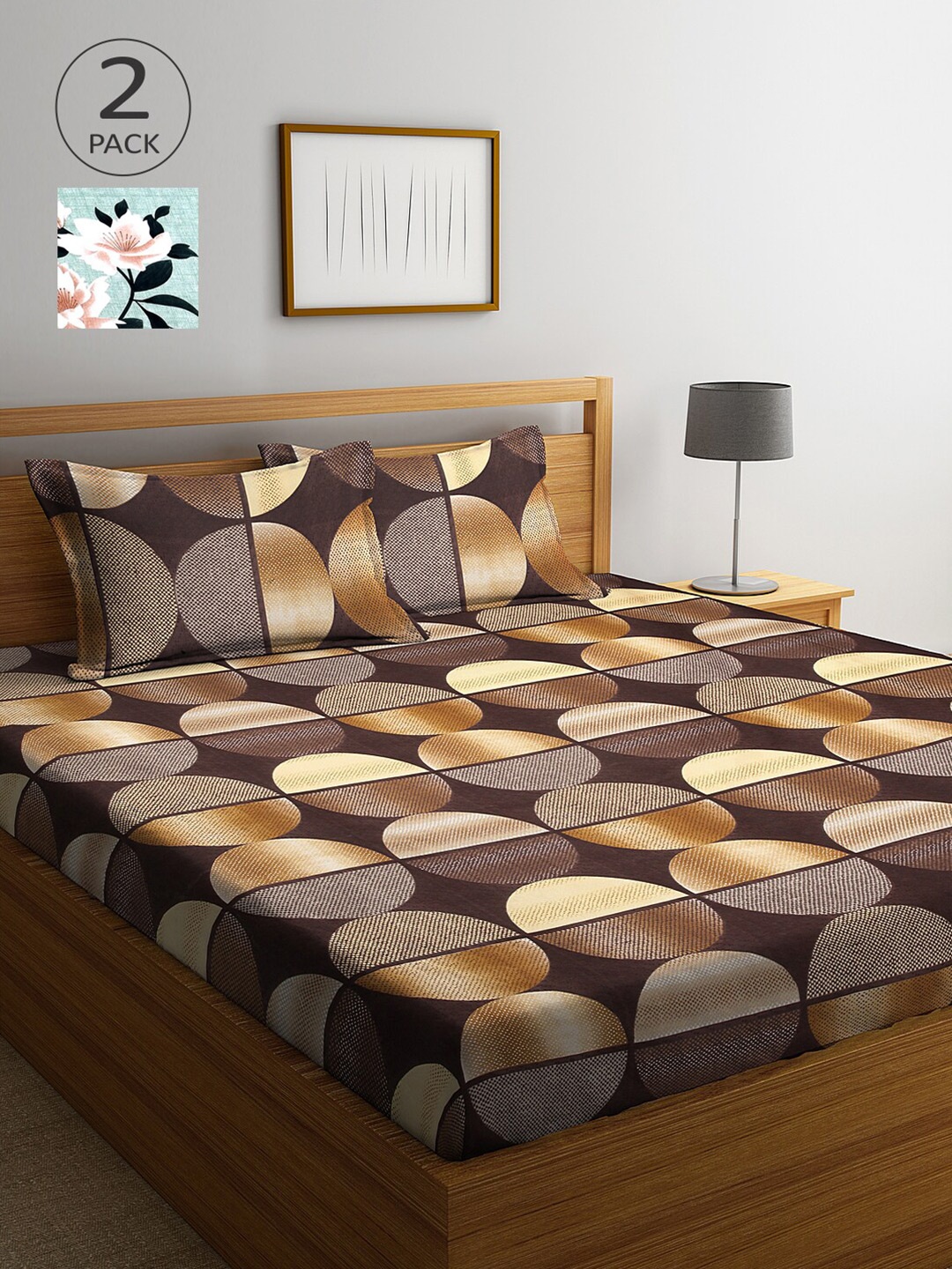 

Arrabi Pack Of 2 Printed 300 TC King 2 Bedsheets with 4 Pillow Covers, Brown