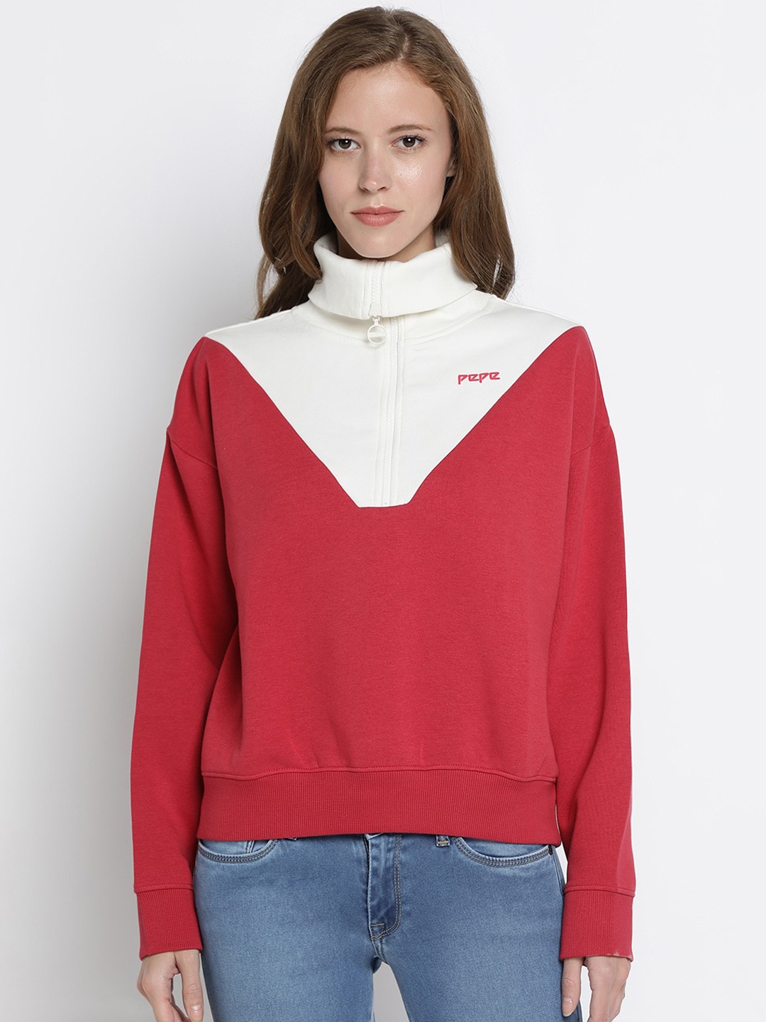 

Pepe Jeans Women Red & White Colourblocked Turtle Neck Sweatshirt
