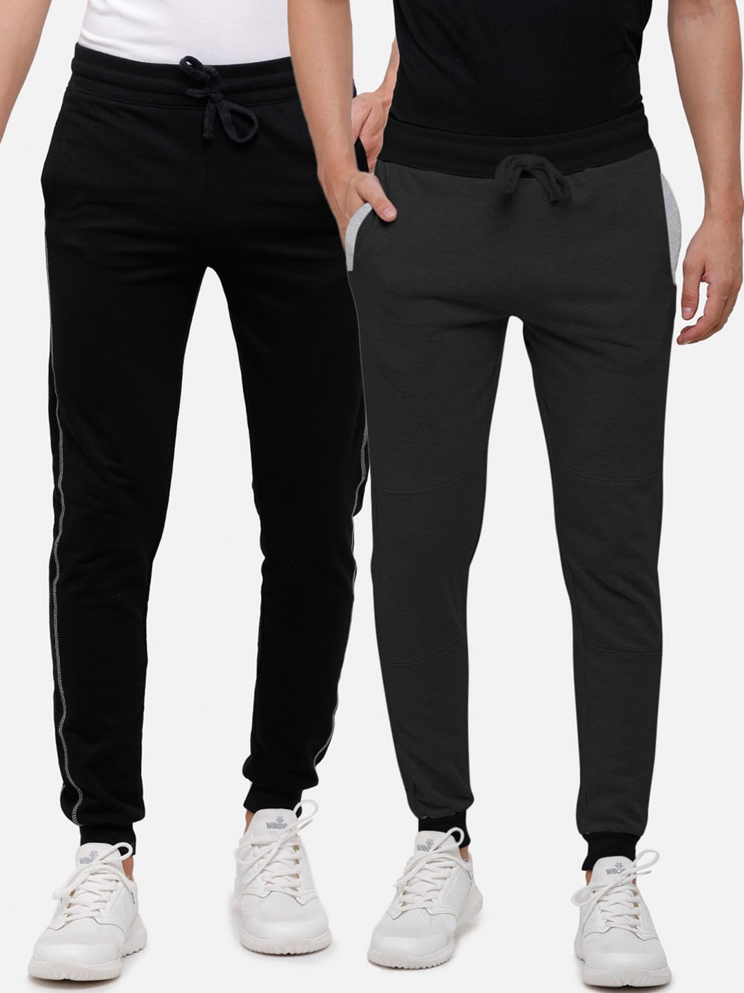

MADSTO Men Pack Of 2 Solid Slim-Fit Pure Cotton Joggers, Black