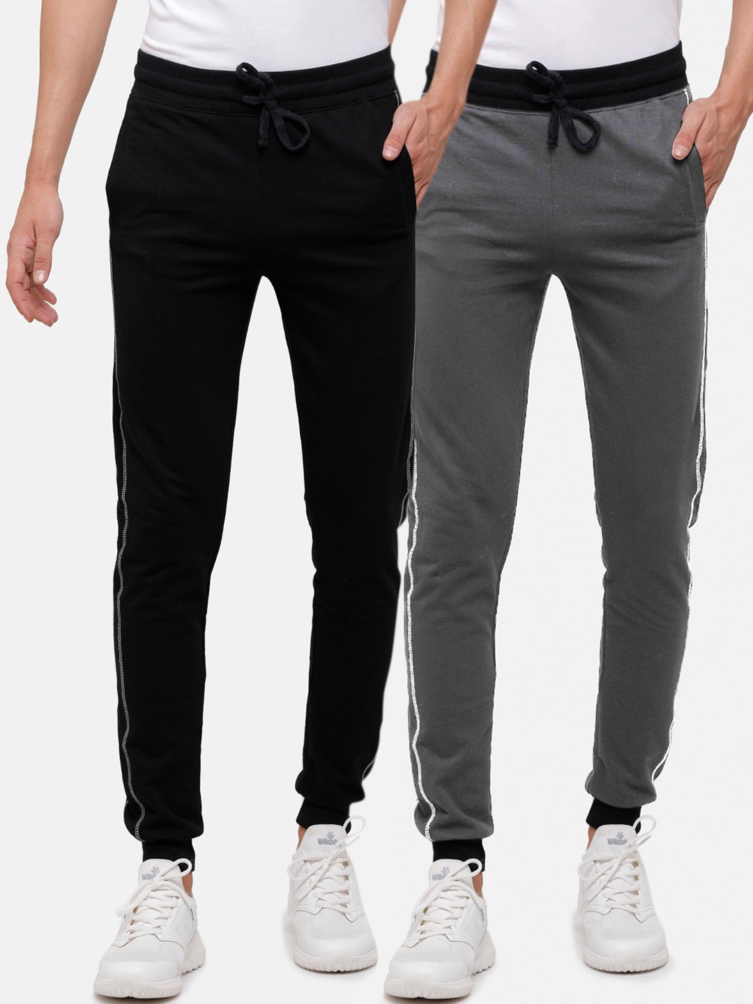 

MADSTO Men Pack Of 2 Solid Slim-Fit Pure Cotton Joggers, Black