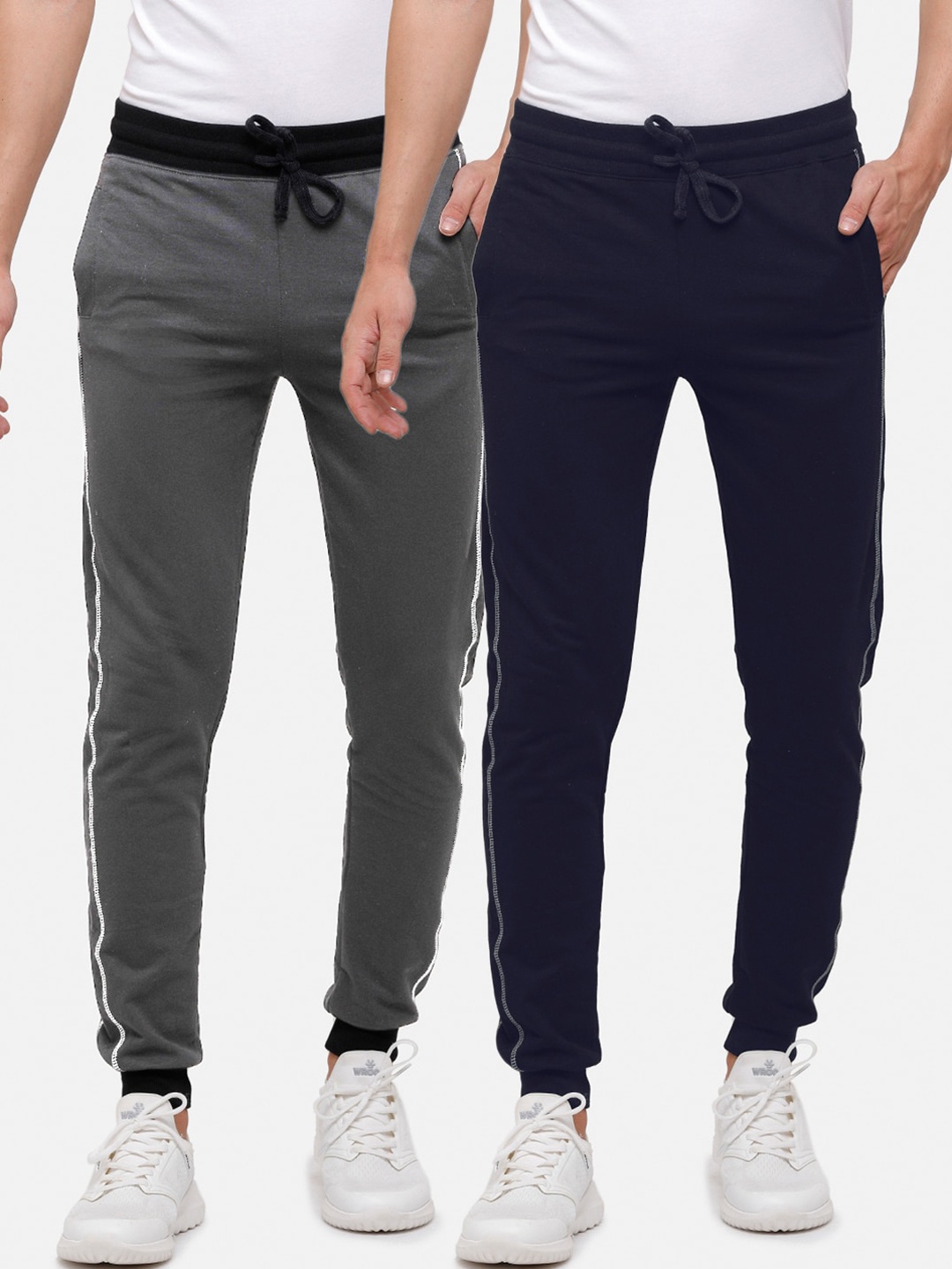 

MADSTO Men Pack Of 2 Slim-Fit Pure Cotton Joggers, Navy blue