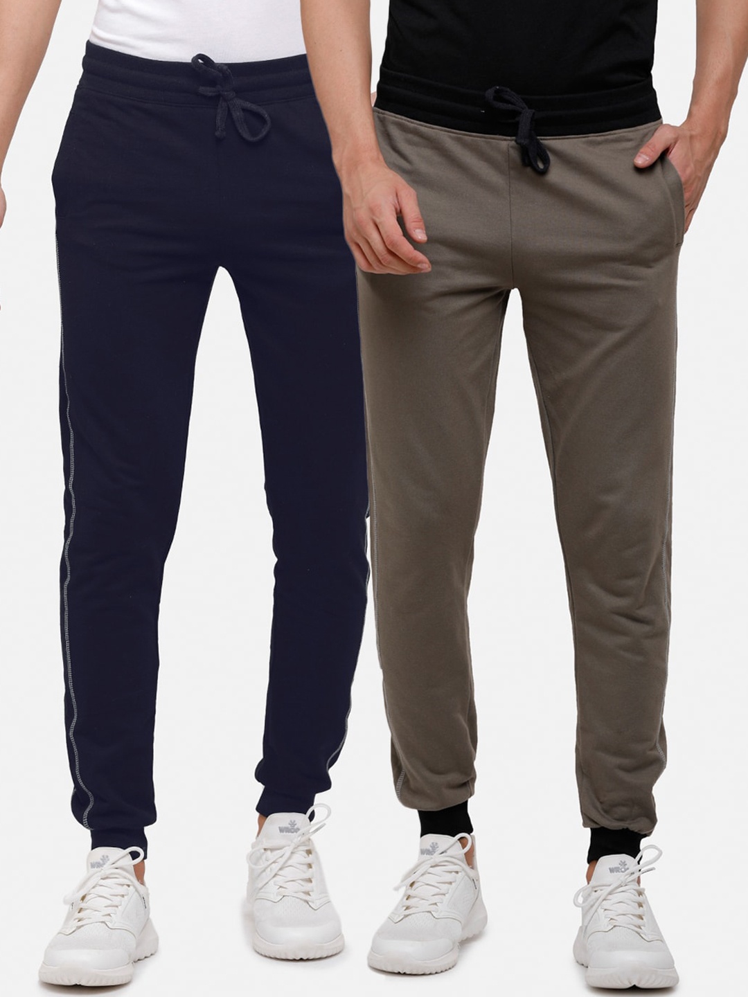 

MADSTO Men Pack Of 2 Navy Blue & Olive Brown Solid Slim-Fit Pure Cotton Joggers