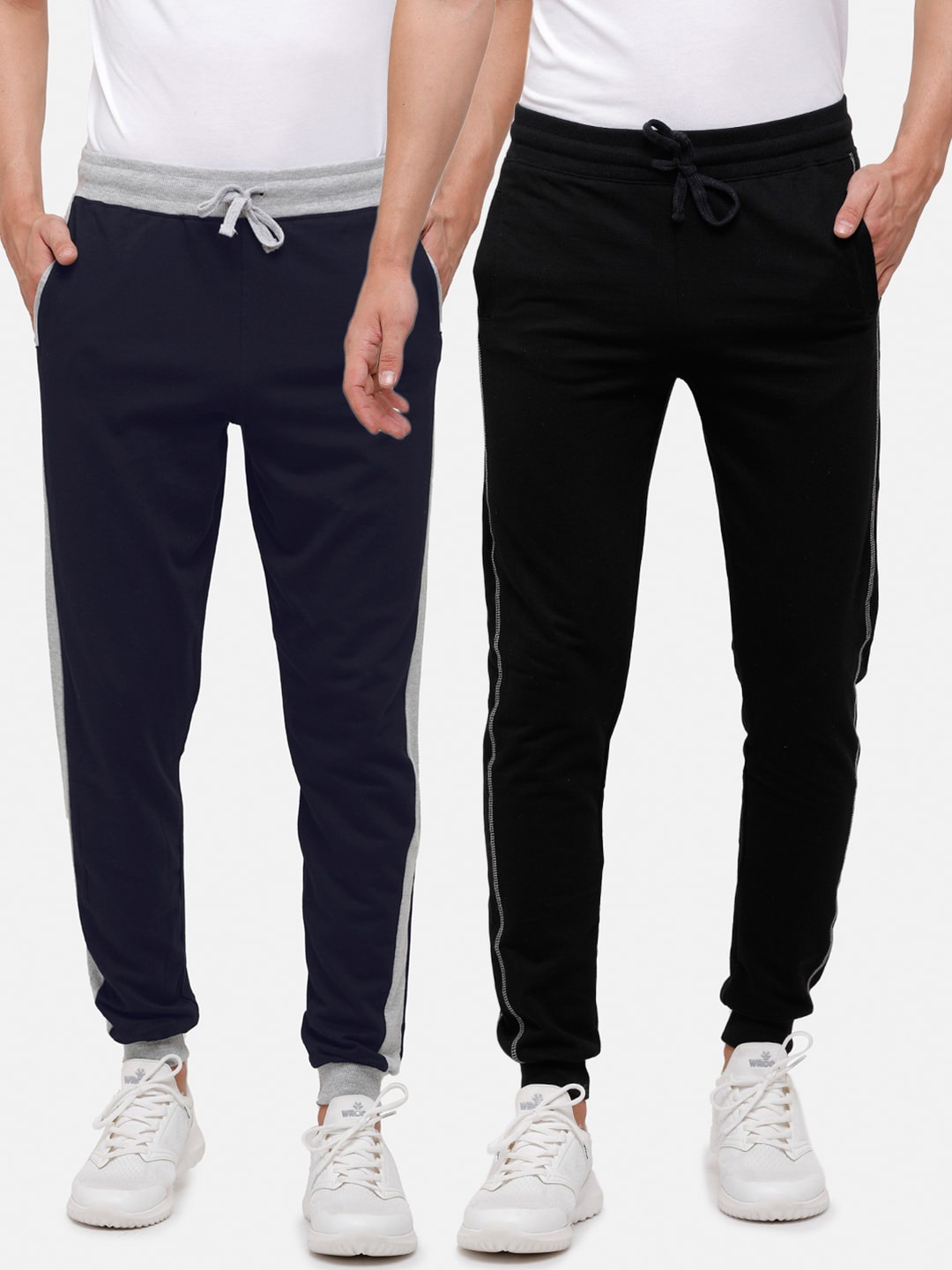 

MADSTO Men Pack Of 2 Navy Blue & Black Solid Slim-Fit Pure Cotton Joggers