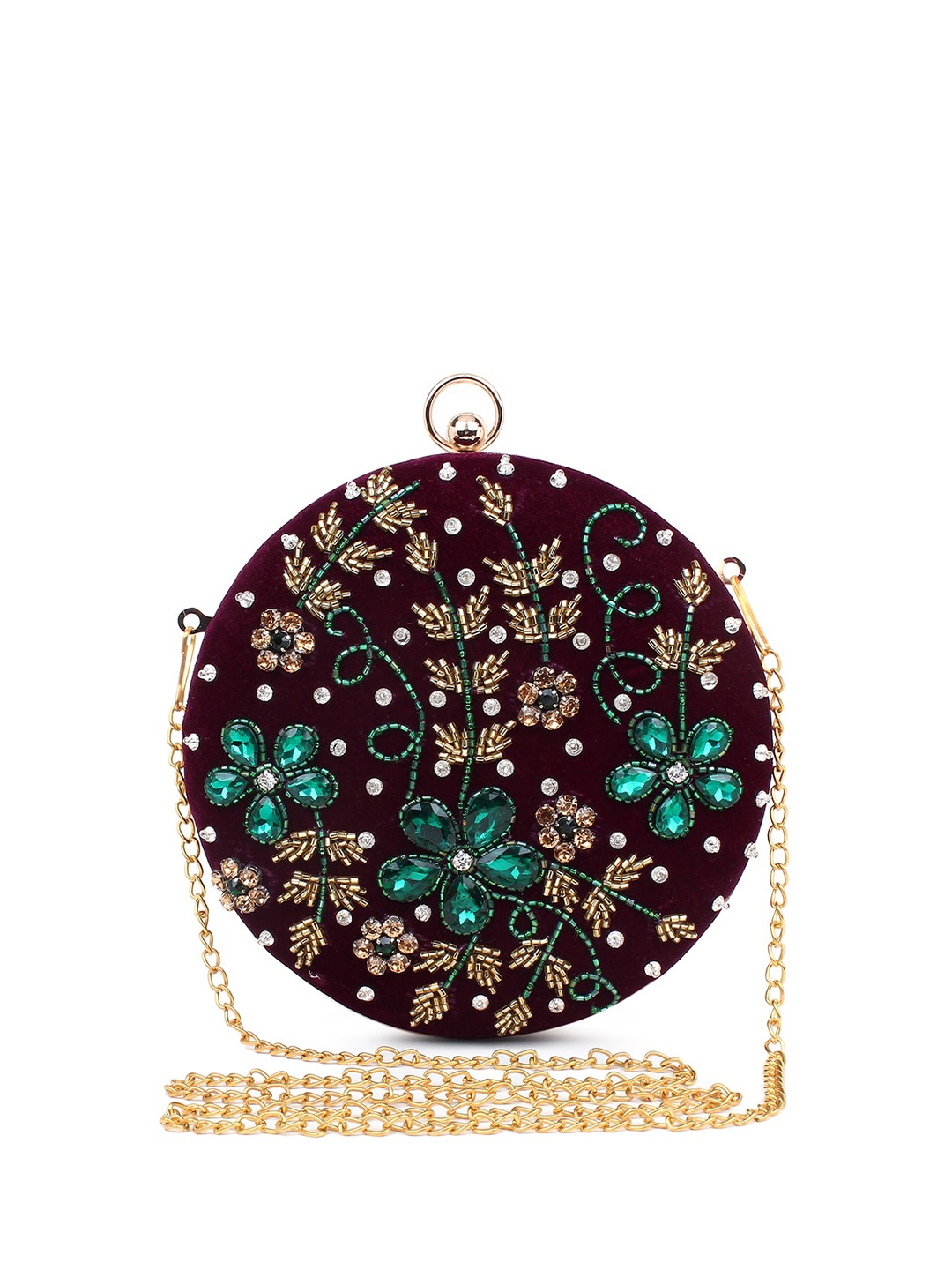 

Spice Art Maroon & Gold-Toned Velvet Embellished Embroidered Box Clutch