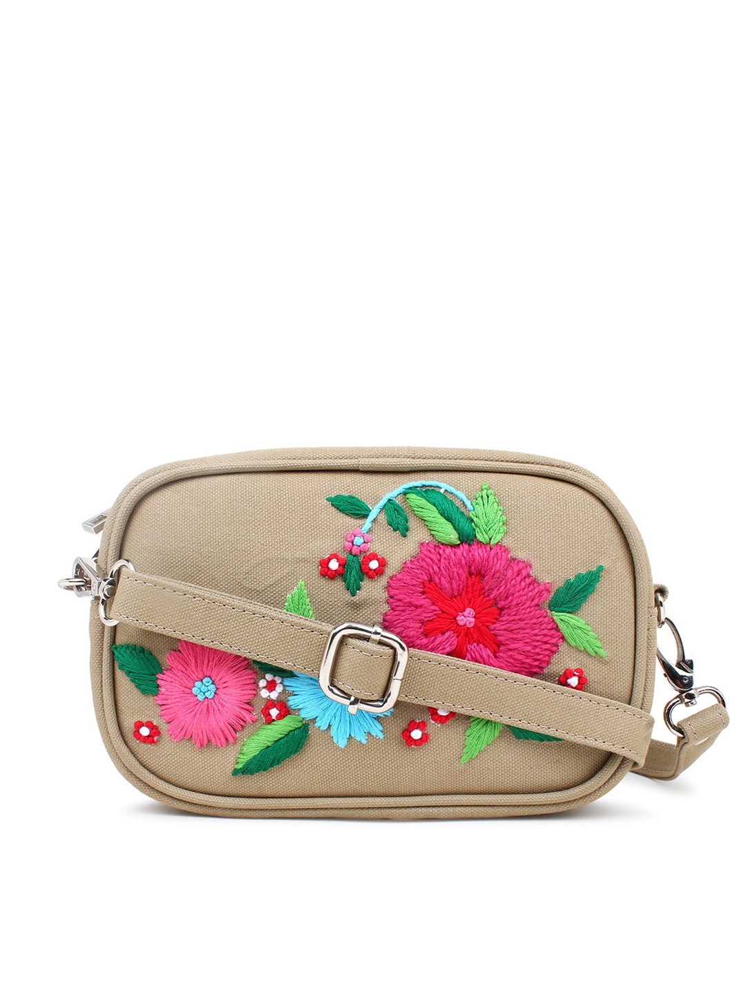 

Spice Art Beige & Pink Embroidered Canvas Sling Bag