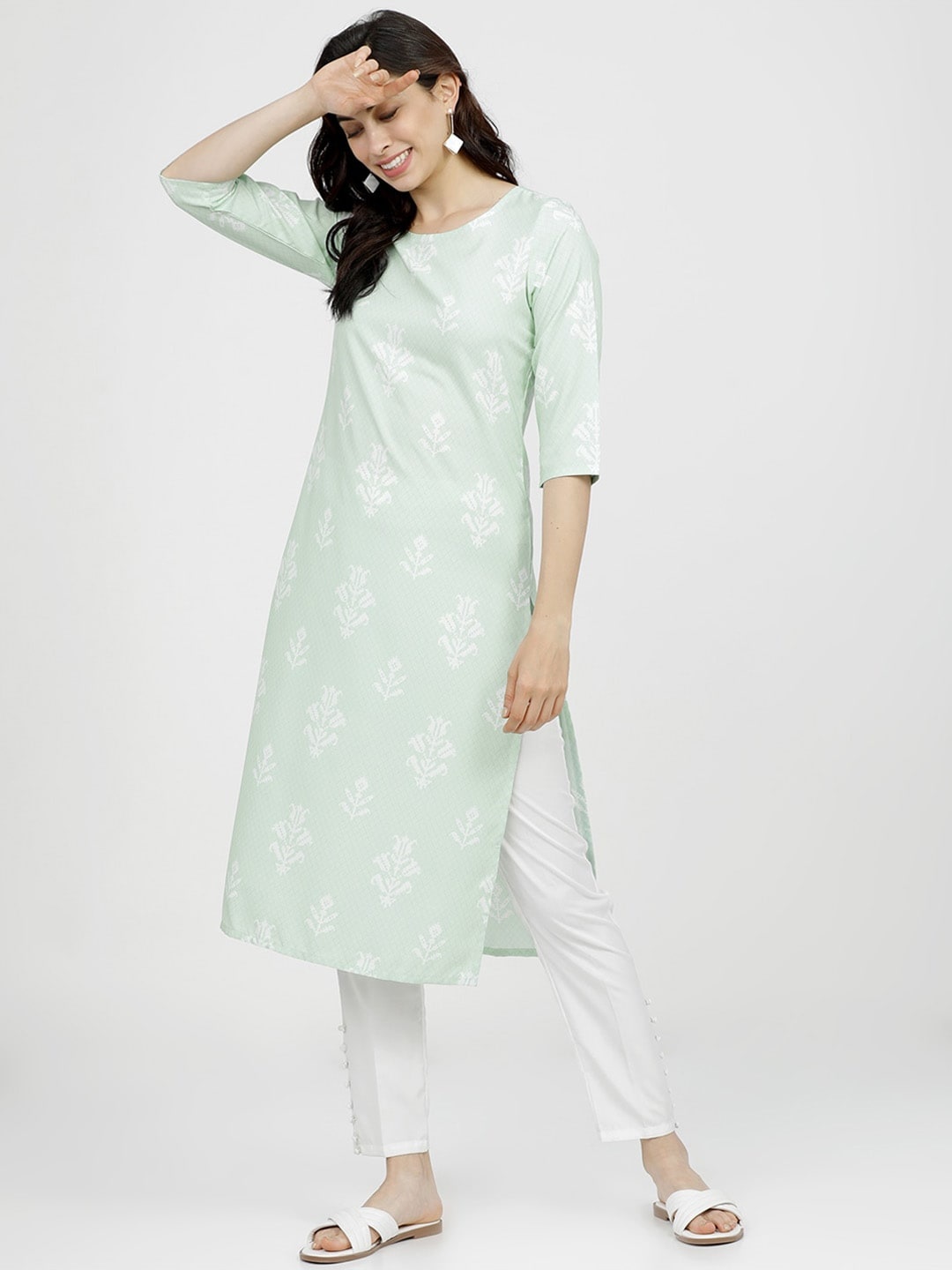 

KETCH Women Green & White Ethnic Motifs Khari Printed Straight Kurta