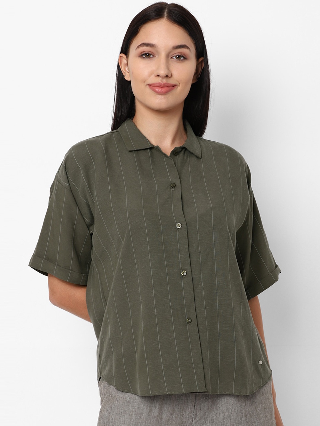 

Allen Solly Woman Women Olive Green Opaque Striped Casual Shirt