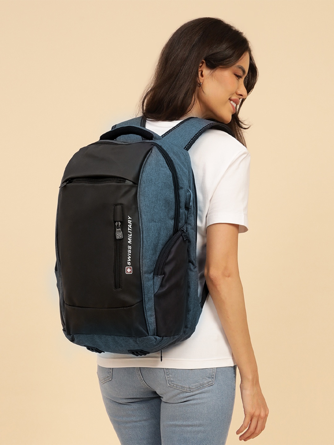 

SWISS MILITARY Unisex Black & Blue Brand Logo Backpack with USB Charging Port
