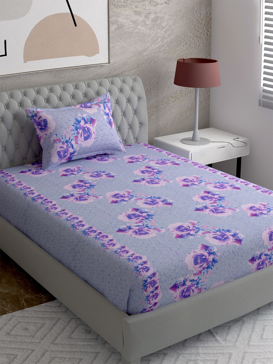 

EverHOME Purple & Pink Floral 210 TC Single Bedsheet with 1 Pillow Covers